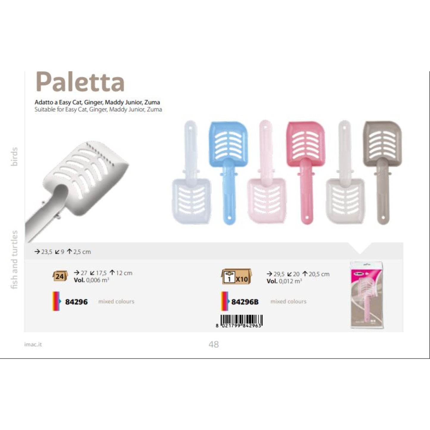 Set of Paletta cat litter scoops in various colors on a white background