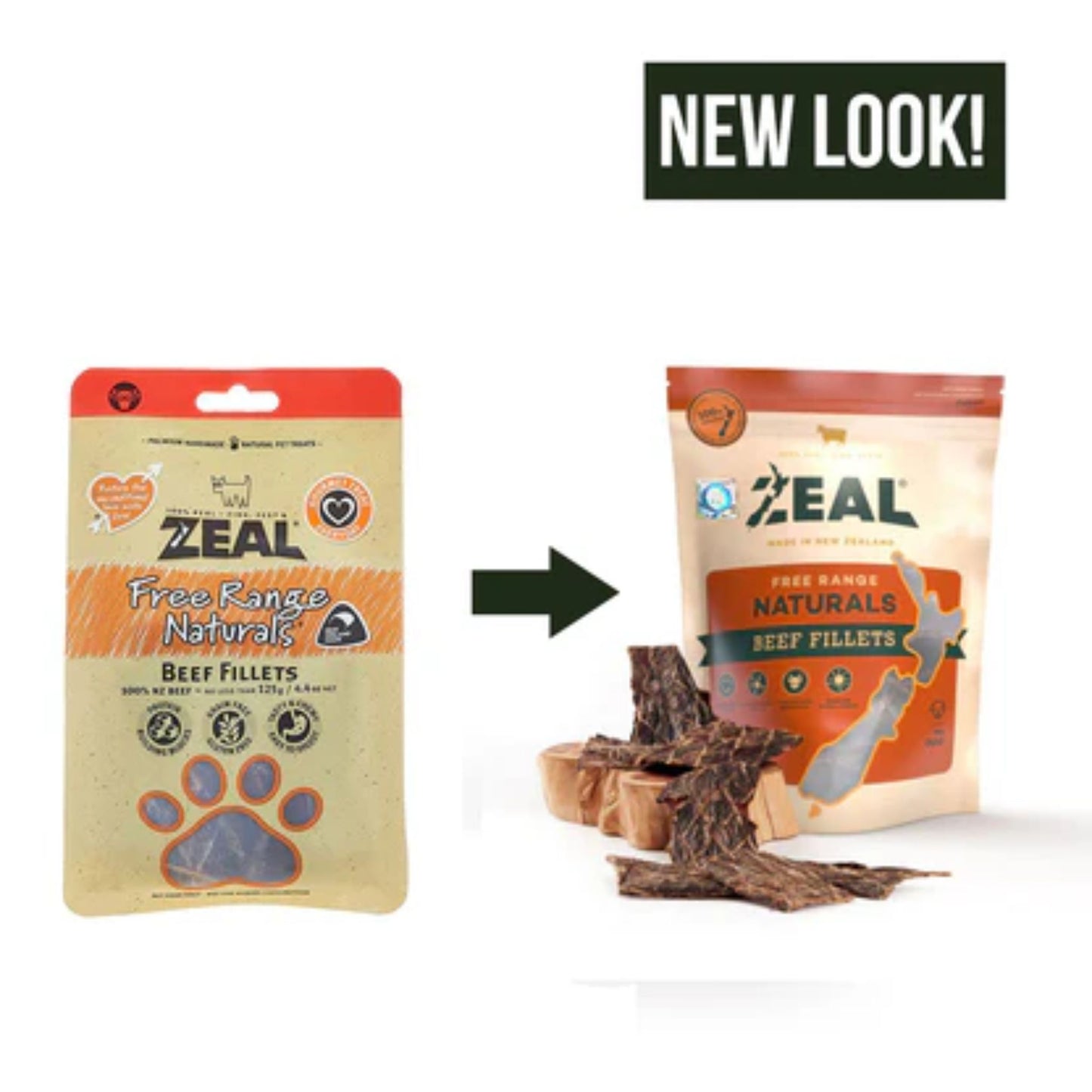 Comparison of two packages of Zeal Free Range Naturals Beef Fillets with a 'New Look!' label.