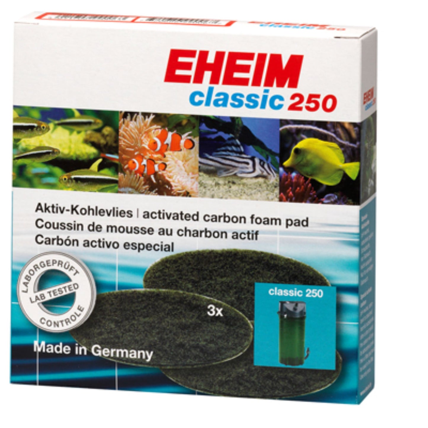 Eheim activated carbon foam pad packaging with images of fish and text on a white background