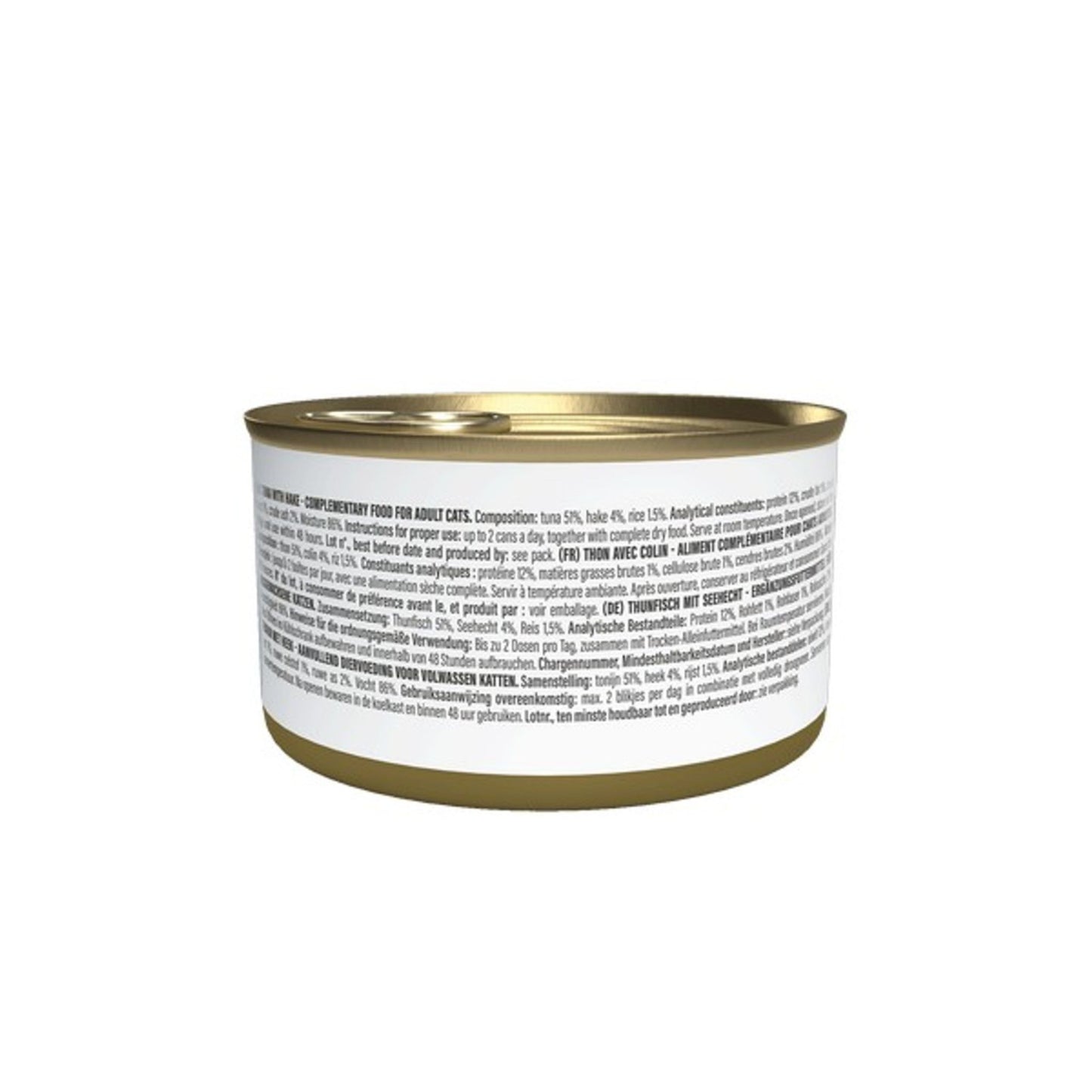 Canned food with a gold lid and white label on a white background