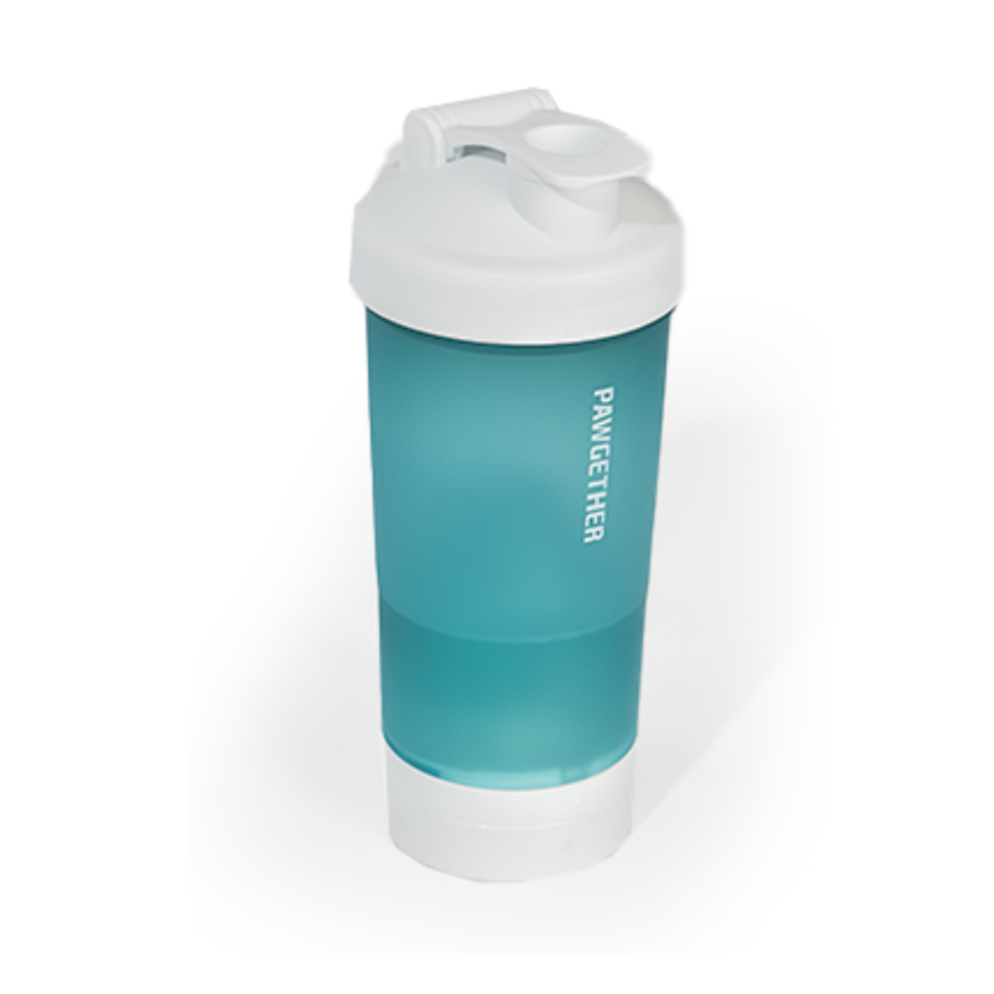 Teal shaker bottle with white cap on a white background