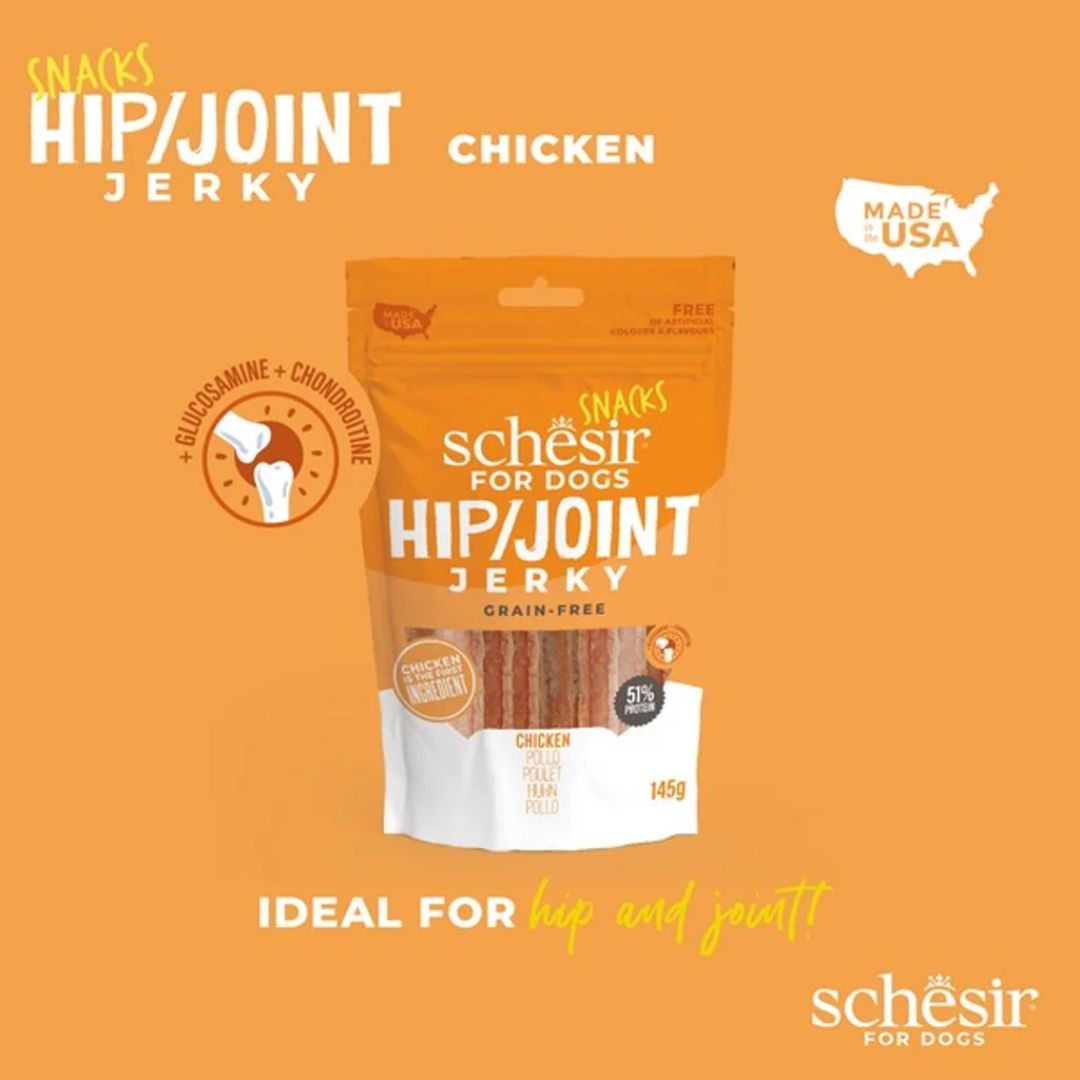 Schesir Hip/Joint Jerky for dogs packaging on an orange background