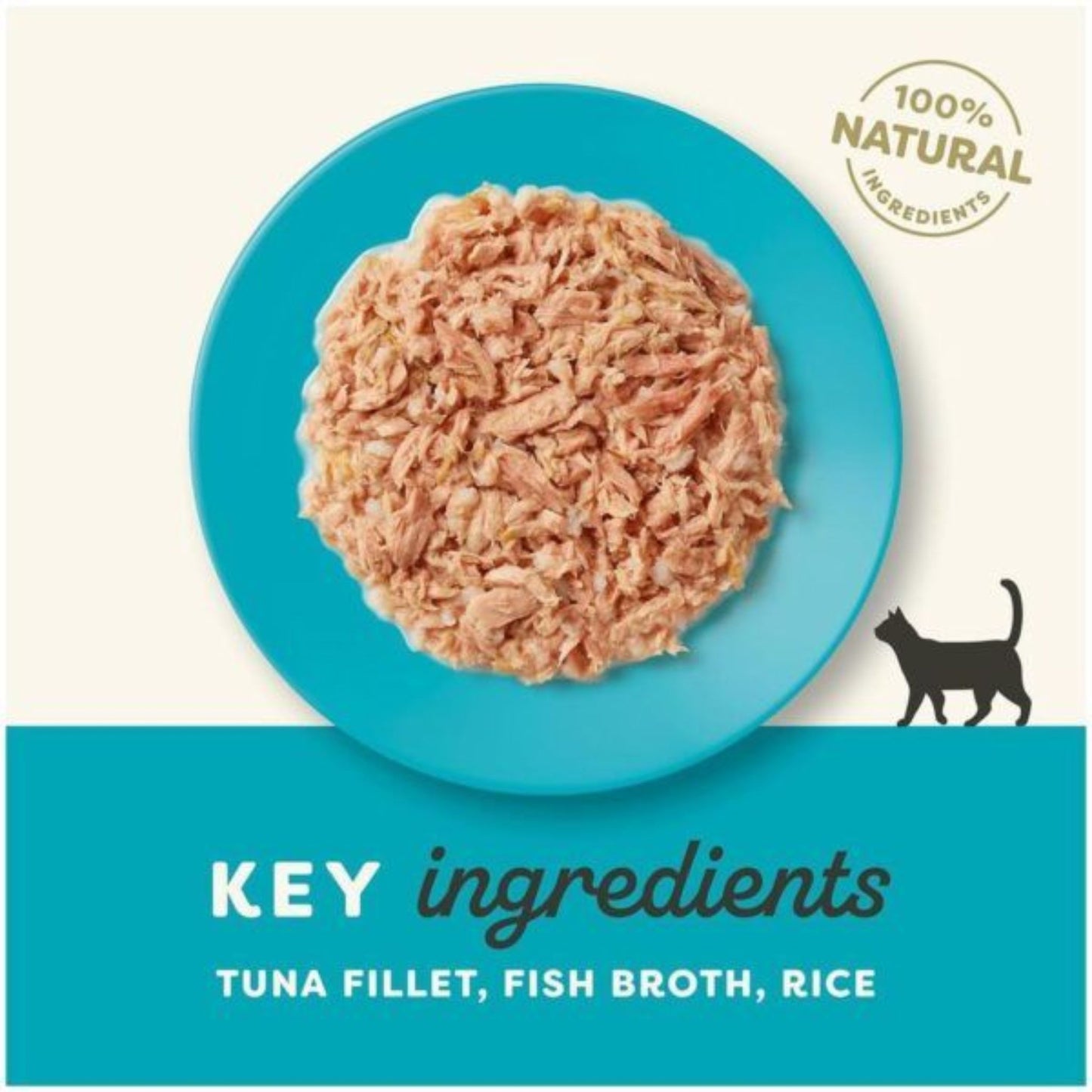 Cat food package with tuna fillet on a blue plate, featuring '100% Natural Ingredients' label.