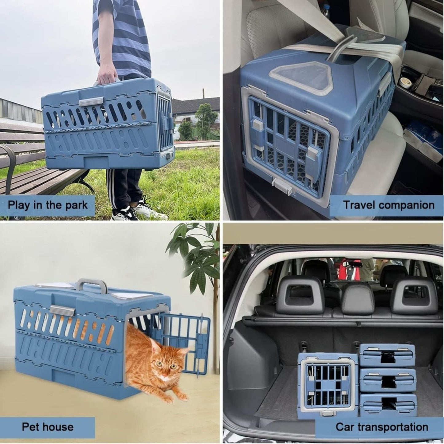 Collage of a blue pet crrier used for various purposes including play, travel, and car transportation.