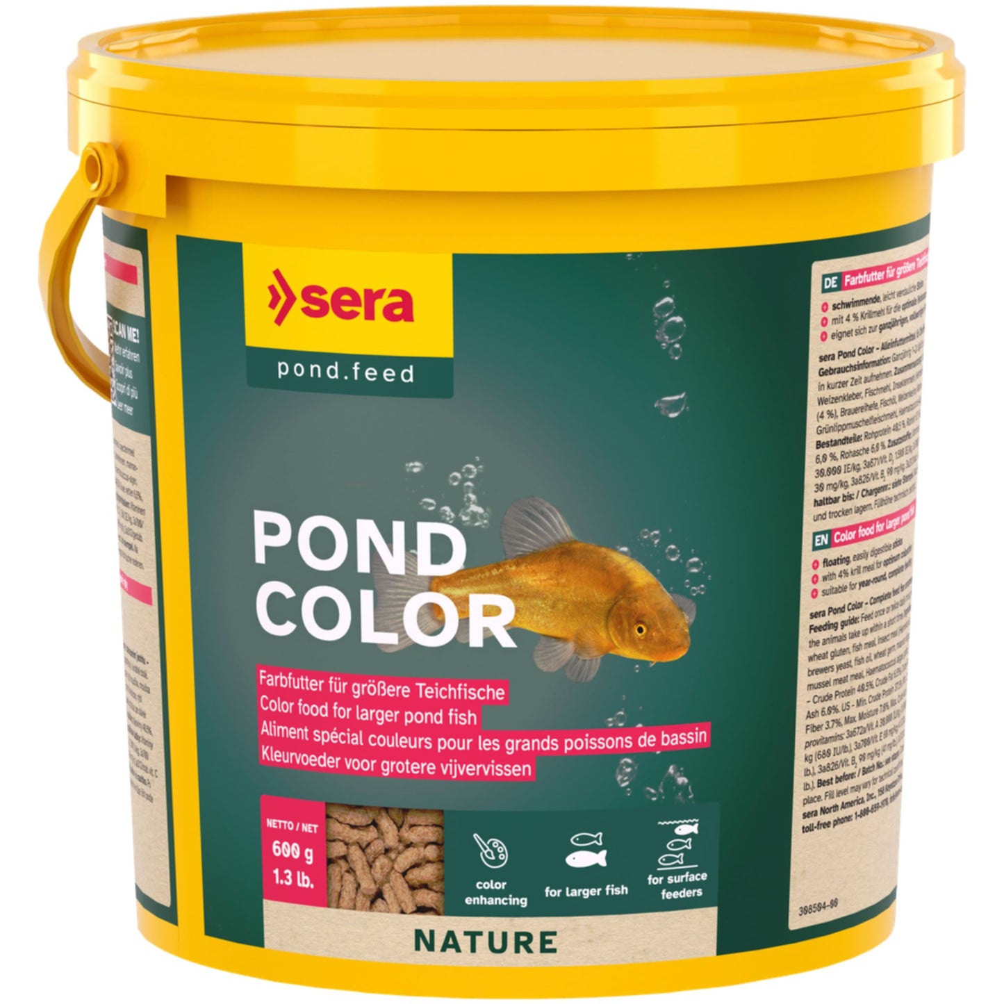 Sera pond feed container for pond color with a fish illustration on a white background