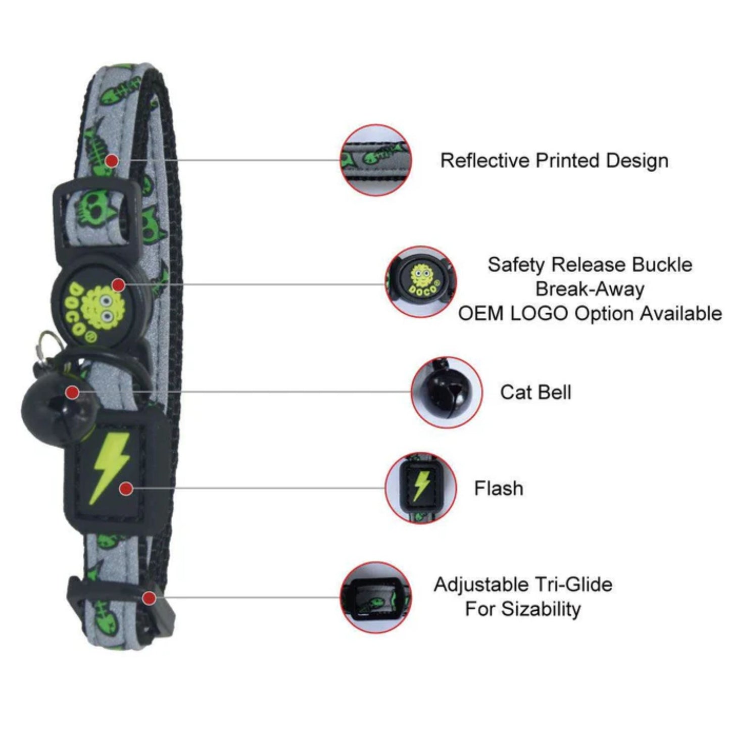 Cat collar with features highlighted on a white background