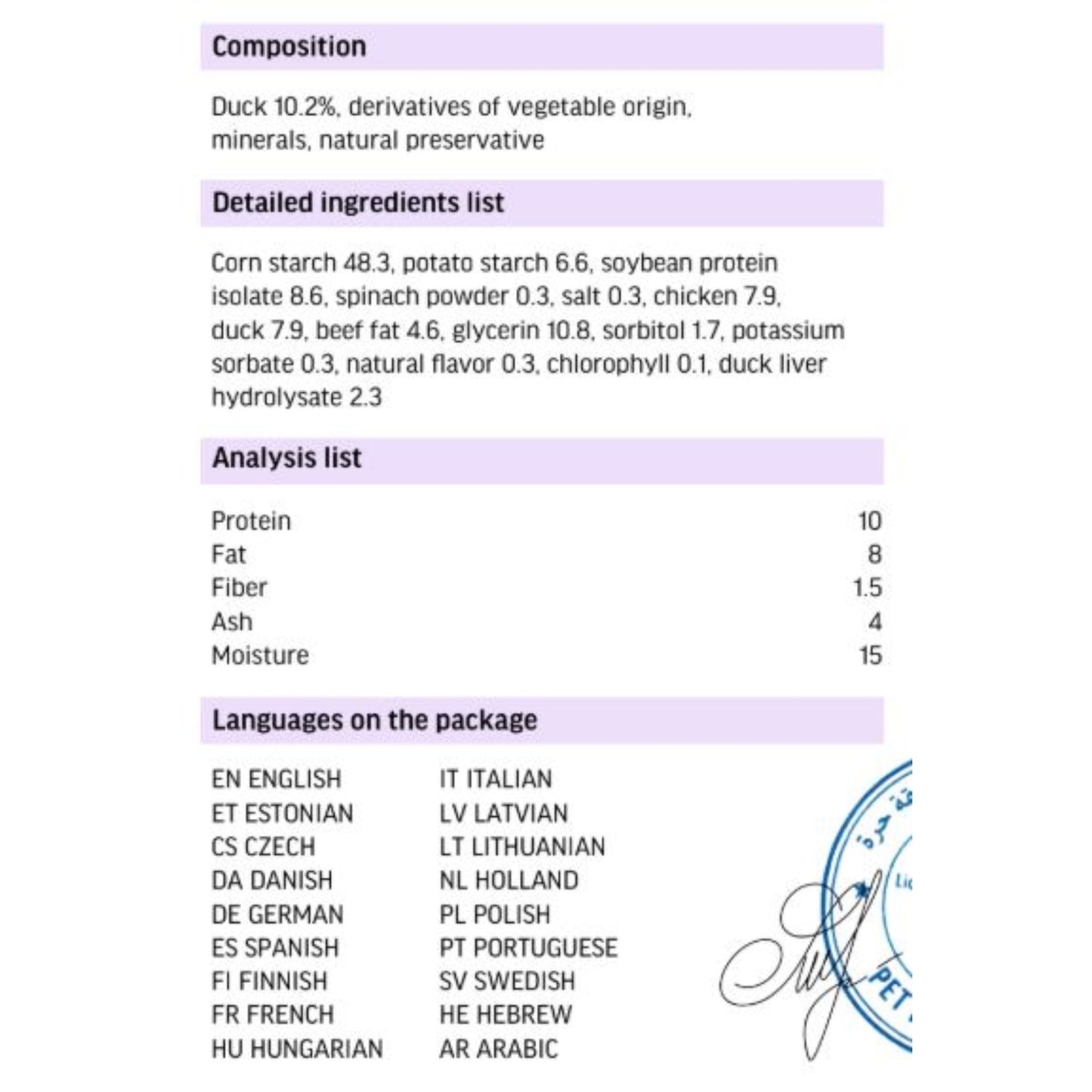 Ingredients list and nutritional analysis of a product on a white background