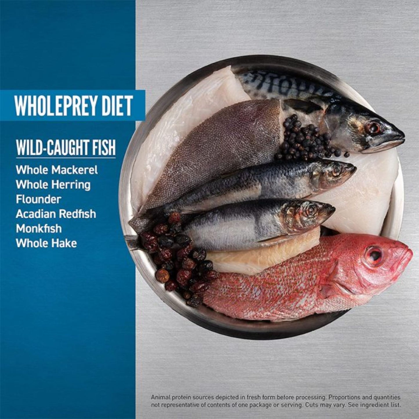 Dietary supplement package with wild-caught fish on a metallic background
