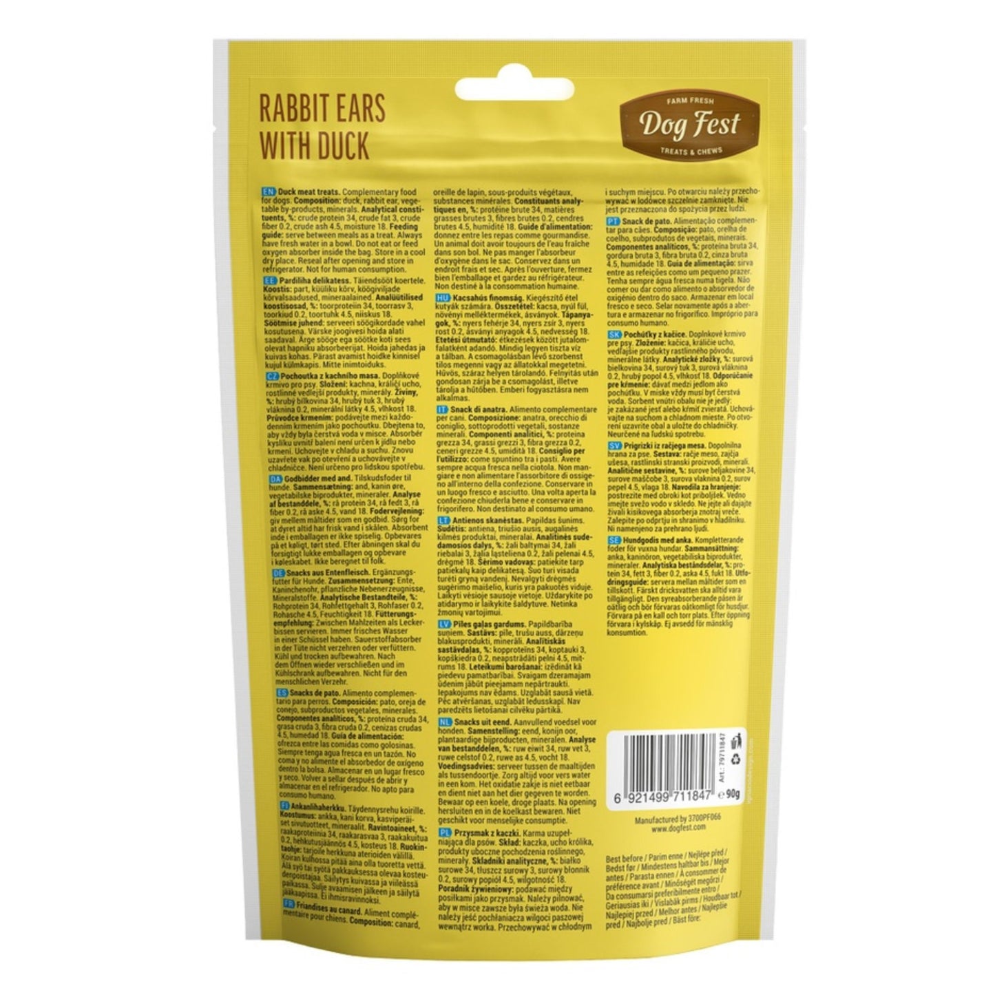 Dog Fest Rabbit Ears With Duck For Adult Dog Treats – 90g