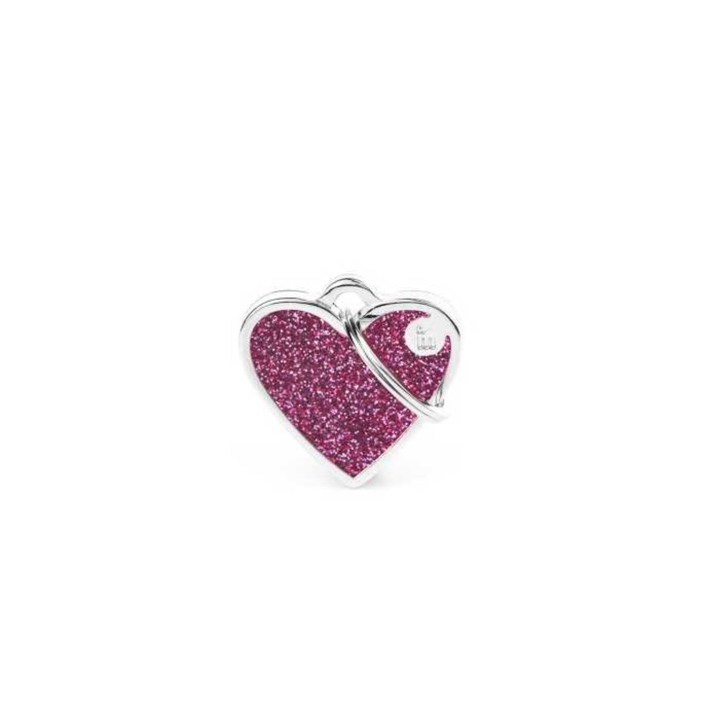 Heart-shaped pet ID with pink glittery interior on a white background