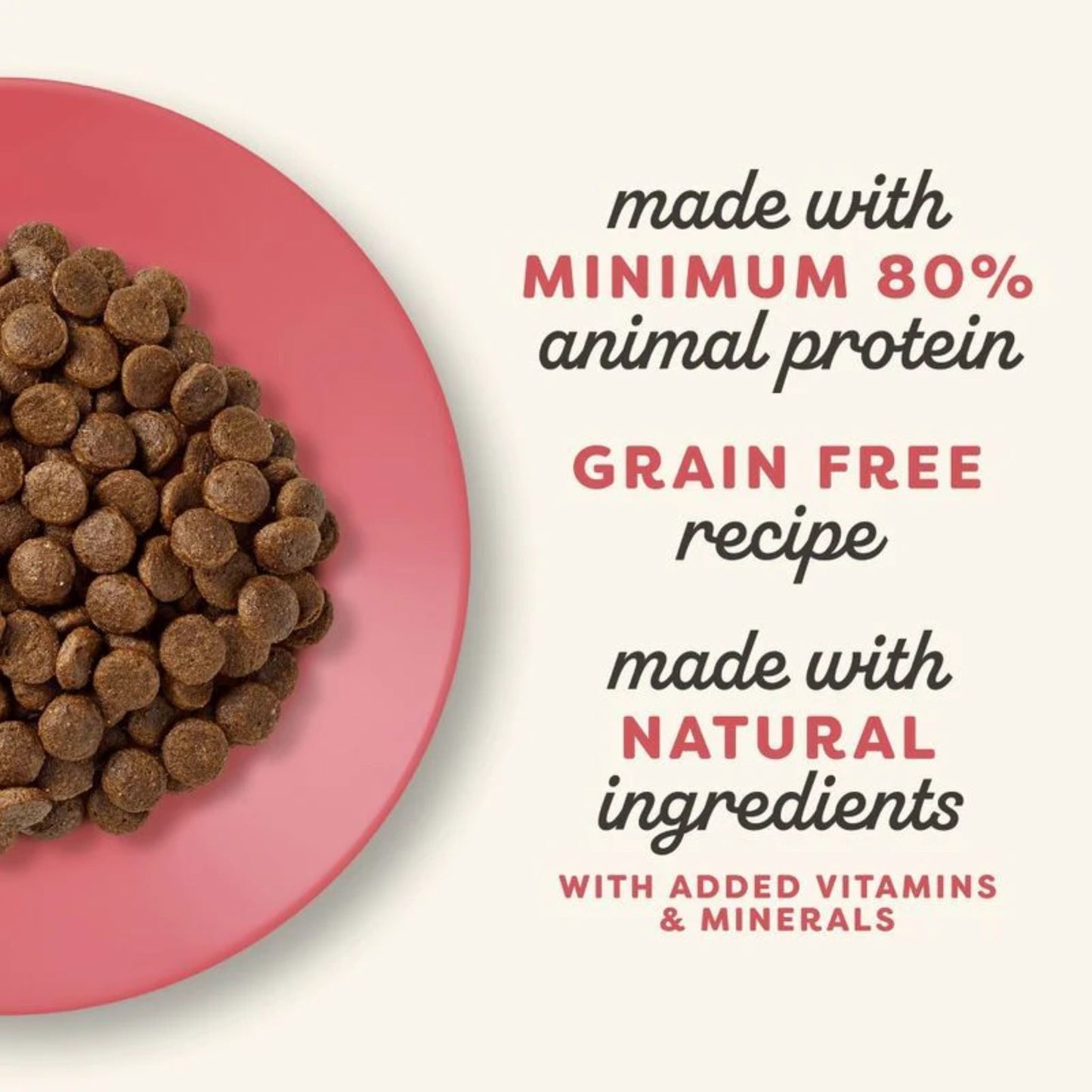 Dog food on a pink plate with text about protein content and ingredients on a white background