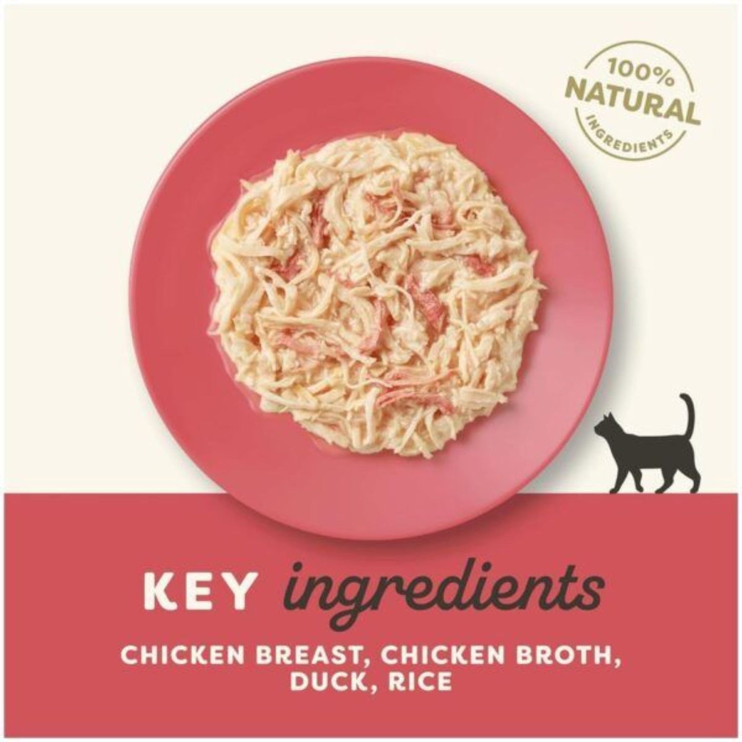 Cat food packaging with a pink plate of food, '100% Natural' label, and key ingredients listed.