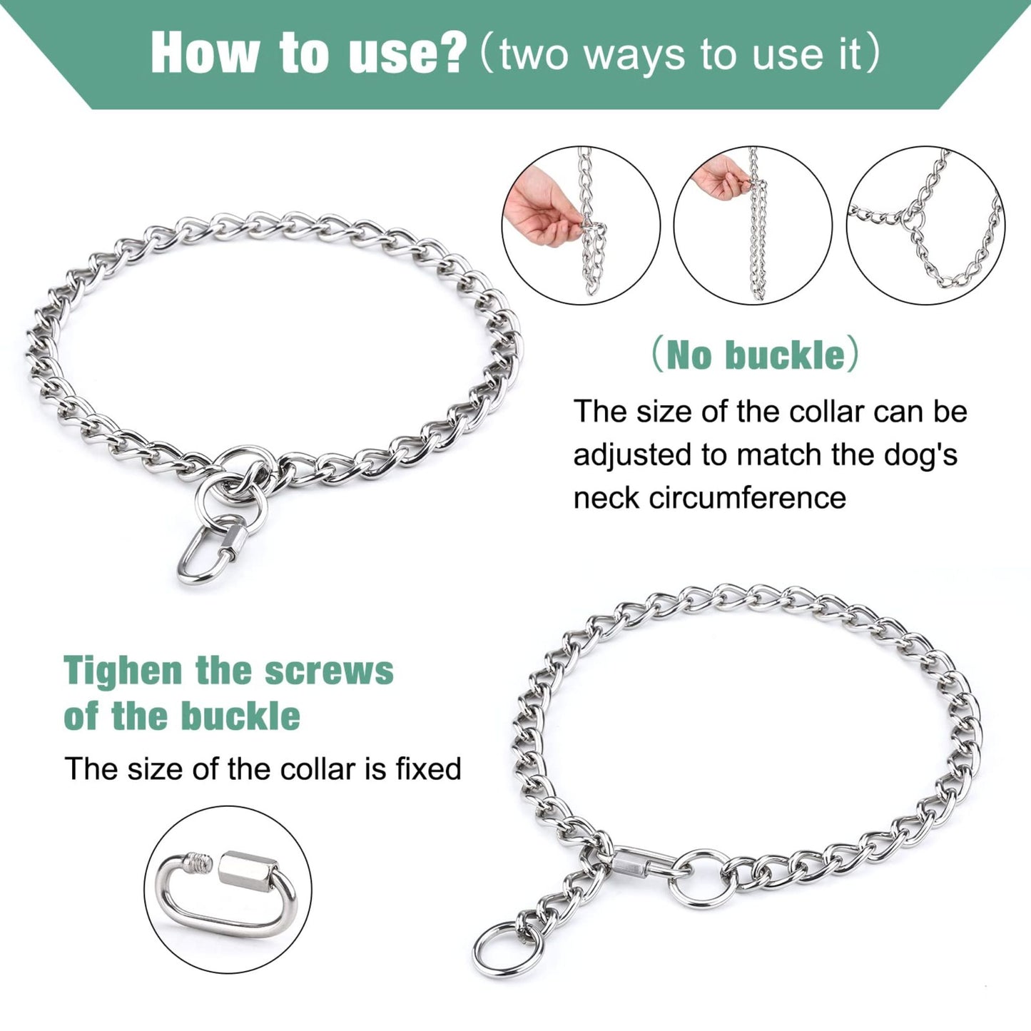 Instructions on how to use a dog collar with adjustable size and no-buckle design.