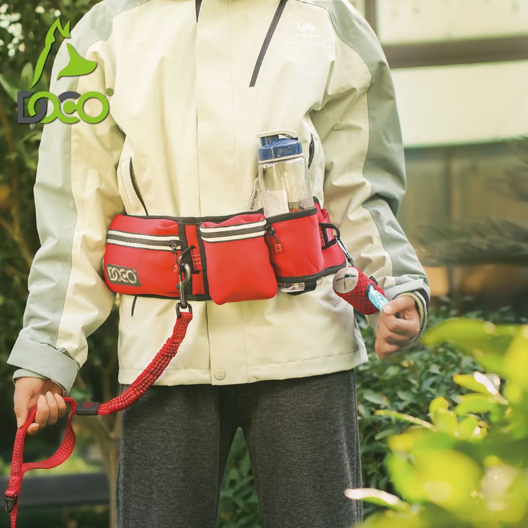 Doco Reflective Jogging Belt With Reflective Nylon Bungee Leash – Red