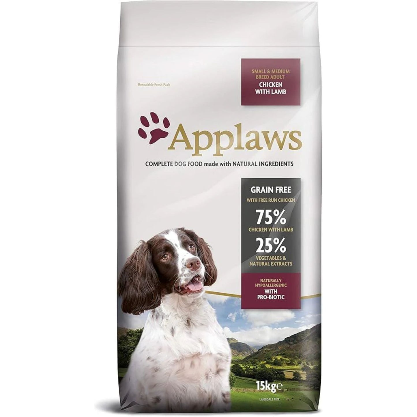 Bag of Applaws dog food with a dog on the label and a scenic background