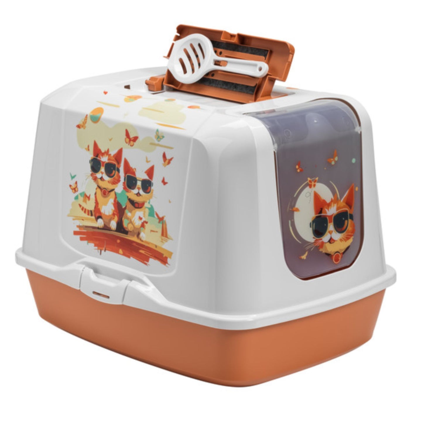 Cat litter box with cartoon cat design on a white background