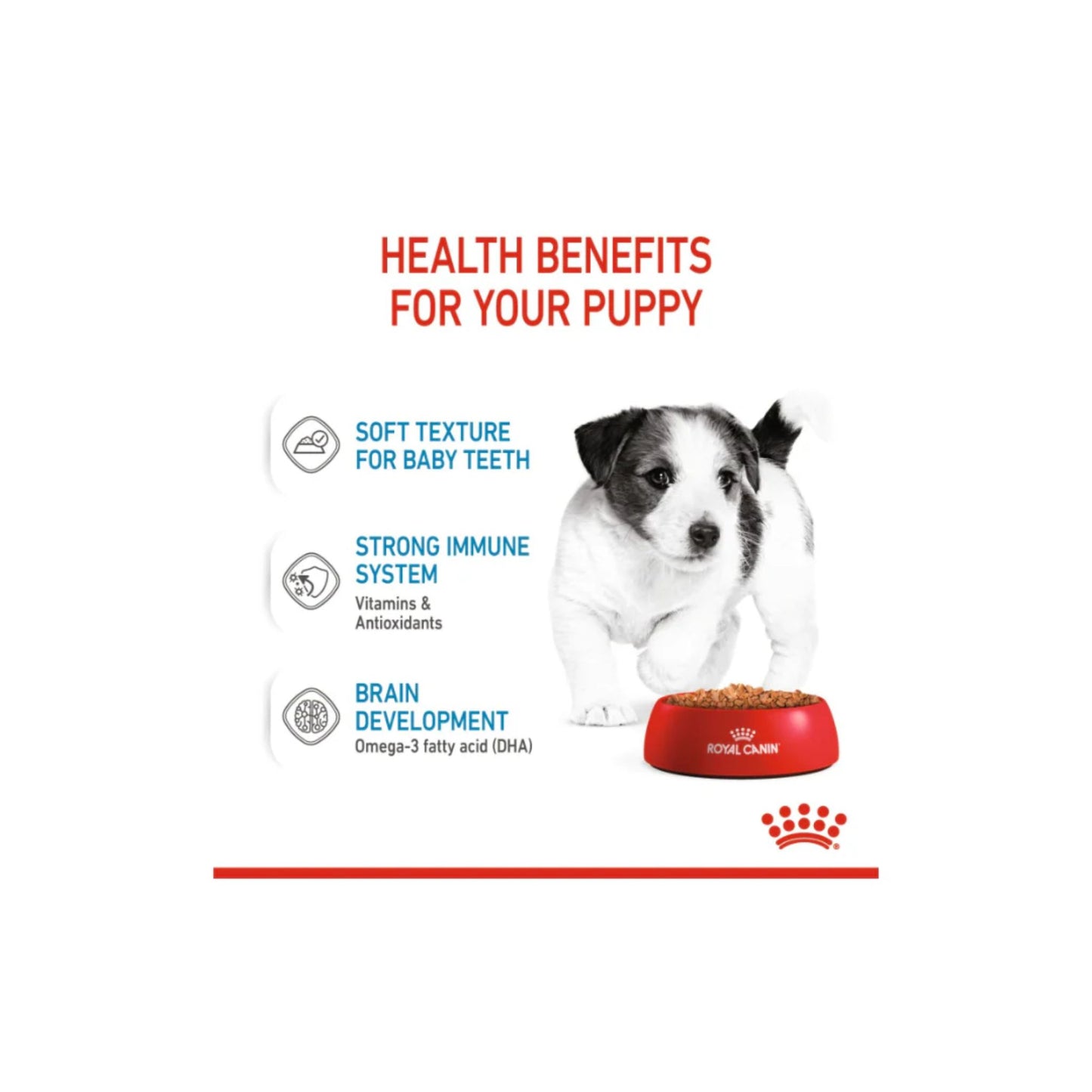 Advertisement for Royal Canin puppy food with a list of health benefits and a puppy near a bowl.