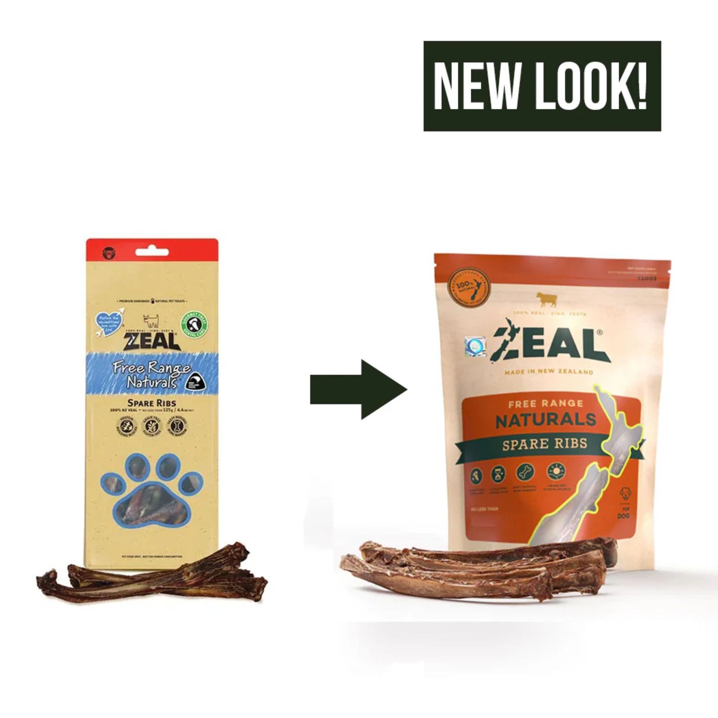Two packages of ZEAL Free Range Naturals spare ribs with a 'NEW LOOK!' label above them on a white background.