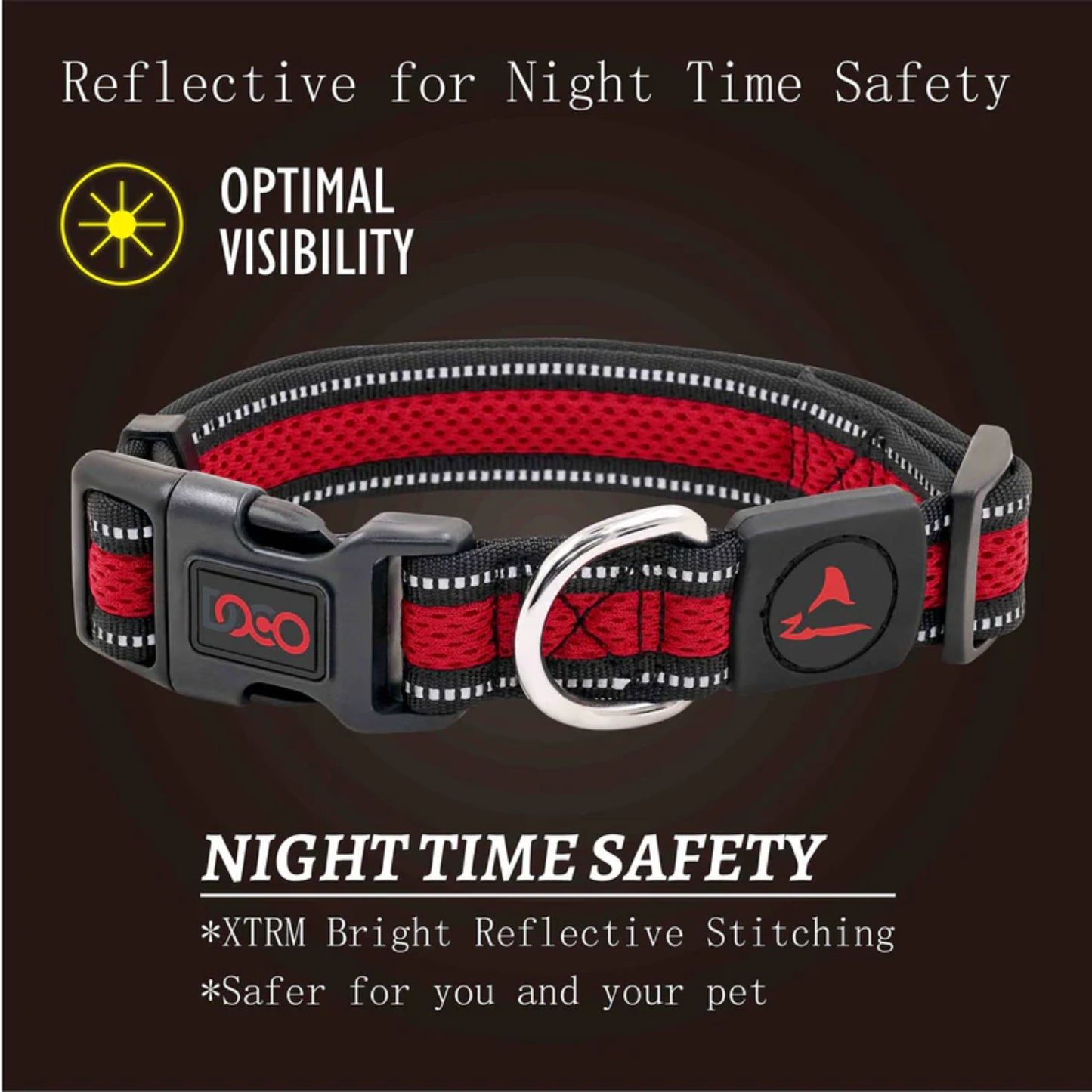 Red and black dog collar with reflective features on a dark background