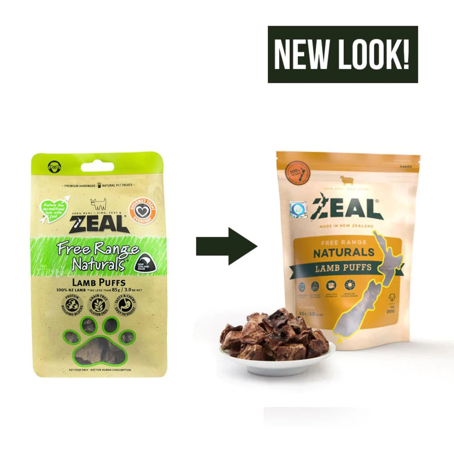 Comparison of two packages of Zeal Free Range Naturals Lamb Puffs with text 'NEW LOOK!' above.
