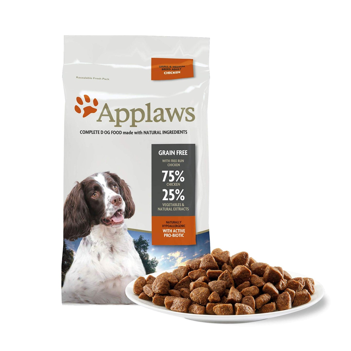 Applaws dog food package with a dog on the label and a plate of dog food in front.