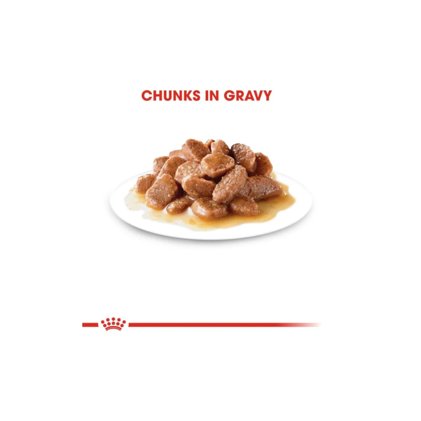 Cat food with chunks in gravy on a white plate, brand logo visible
