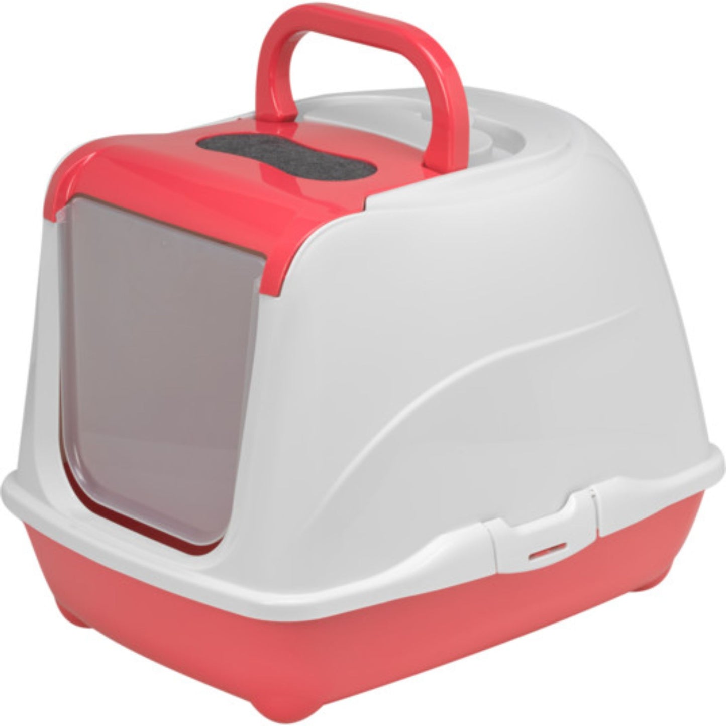 Red and white pet litter box with a handle on a white background