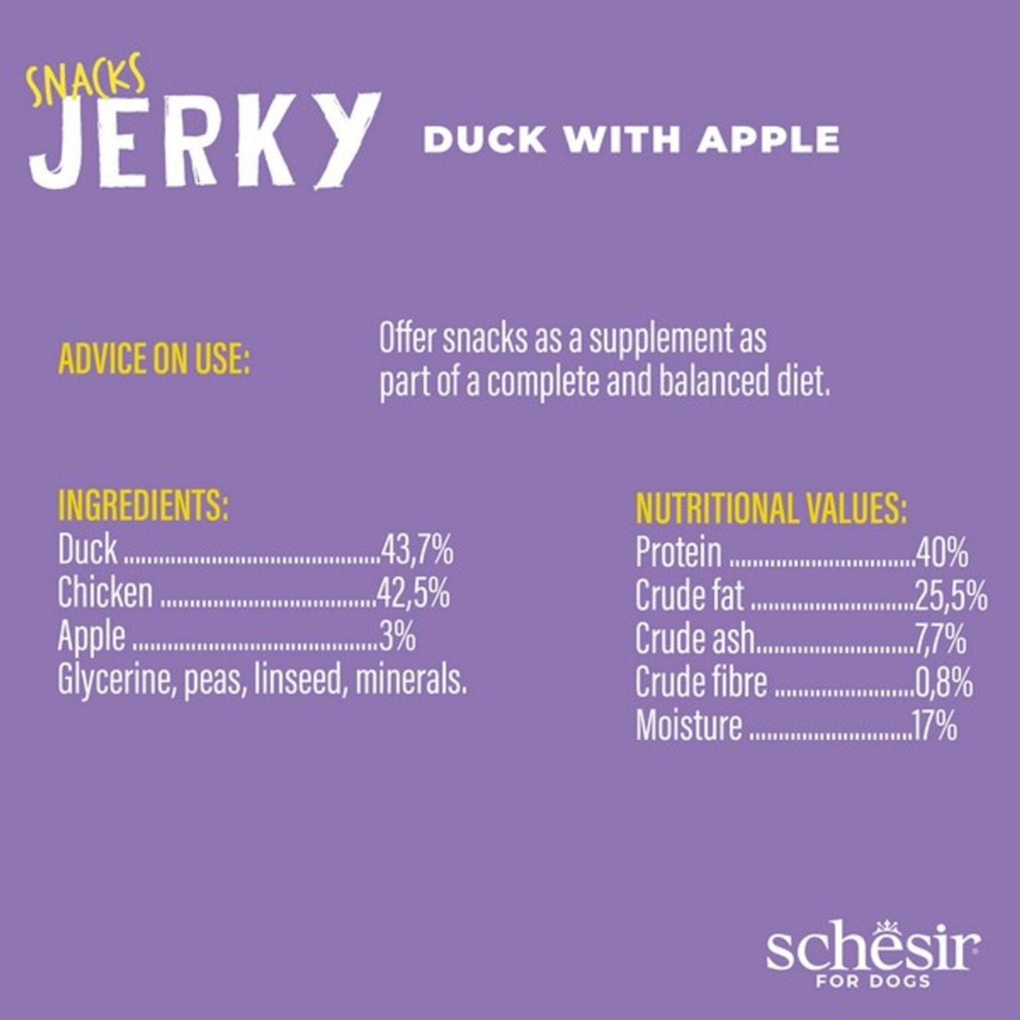 Label for duck with apple jerky snack for dogs on a purple background