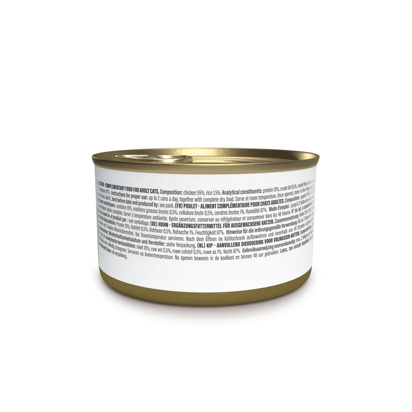 Canned food with a gold lid and white label on a white background