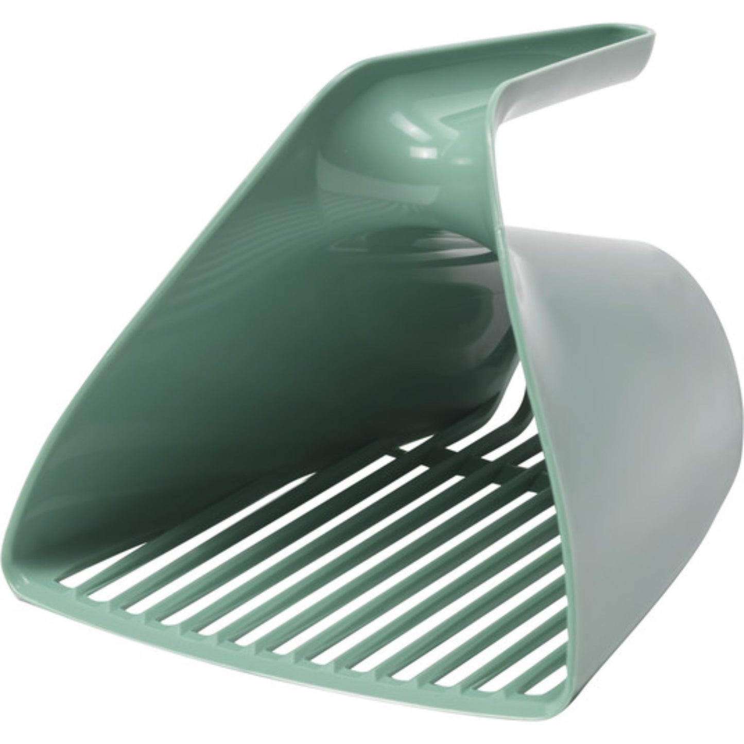Green plastic scoop with a textured surface on a white background
