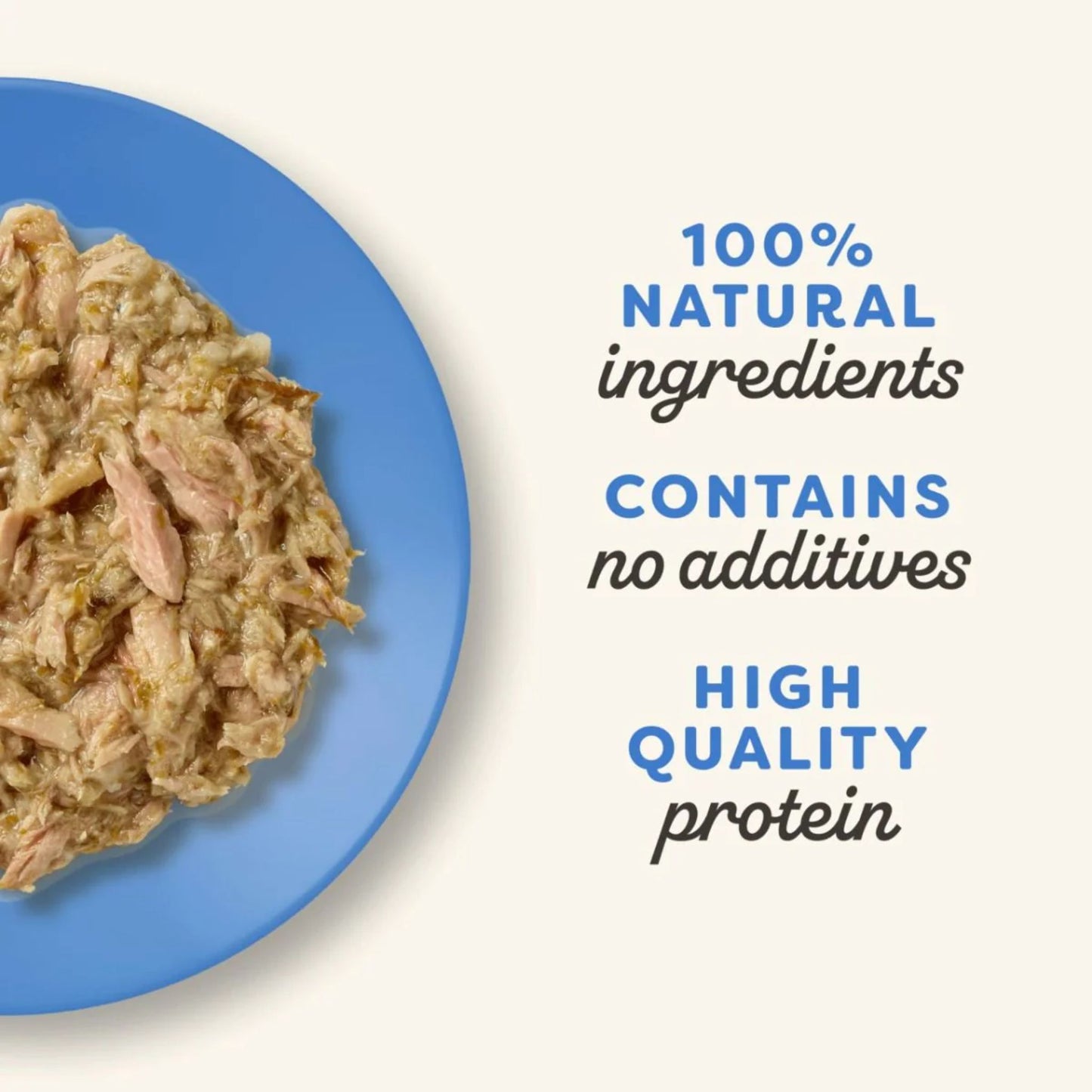 Blue plate with food and text highlighting natural ingredients and quality on a white background