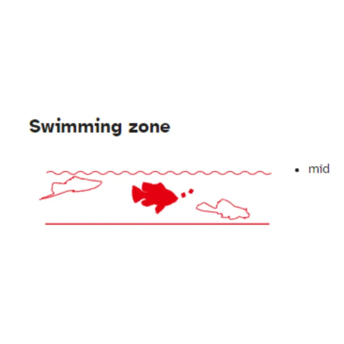 Diagram showing a fish's 'swimming zone' with red and white illustrations on a white background.