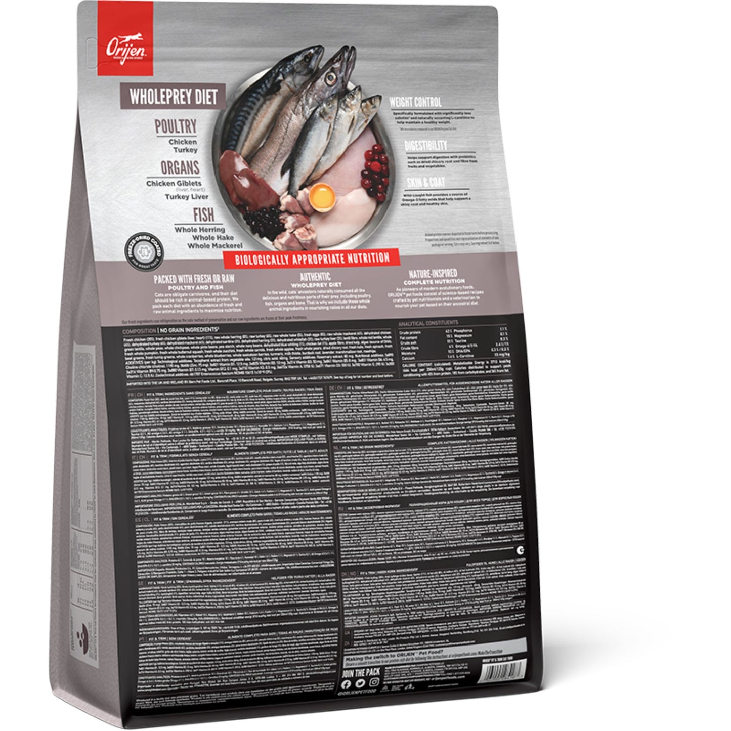 Dog food package with ingredients and nutritional information on a white background