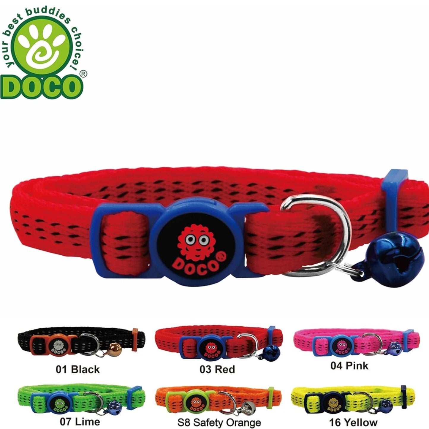 Red dog collar with blue buckle and DOCO logo, featuring color options on a white background.