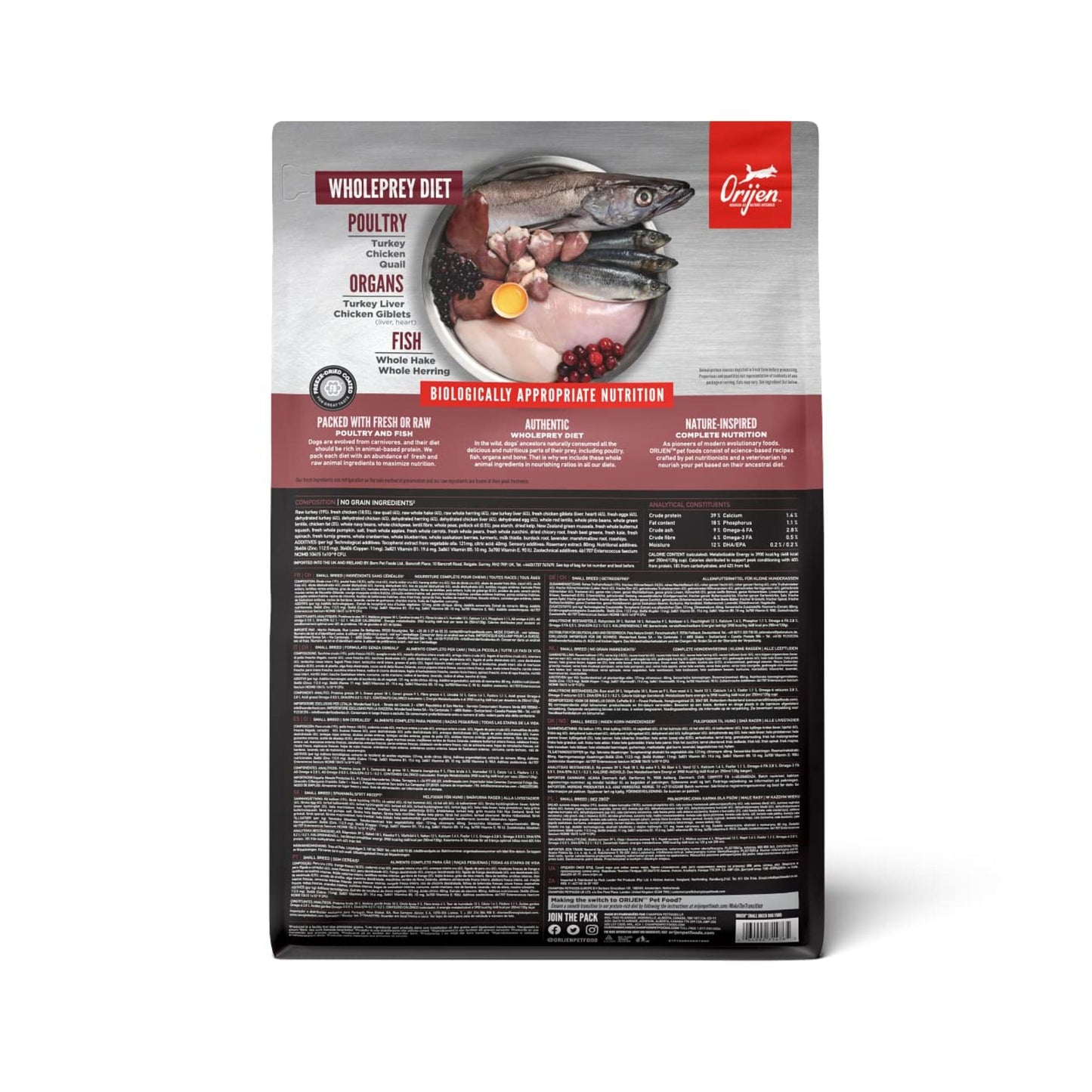 Dog food package with images of ingredients and text on a white background