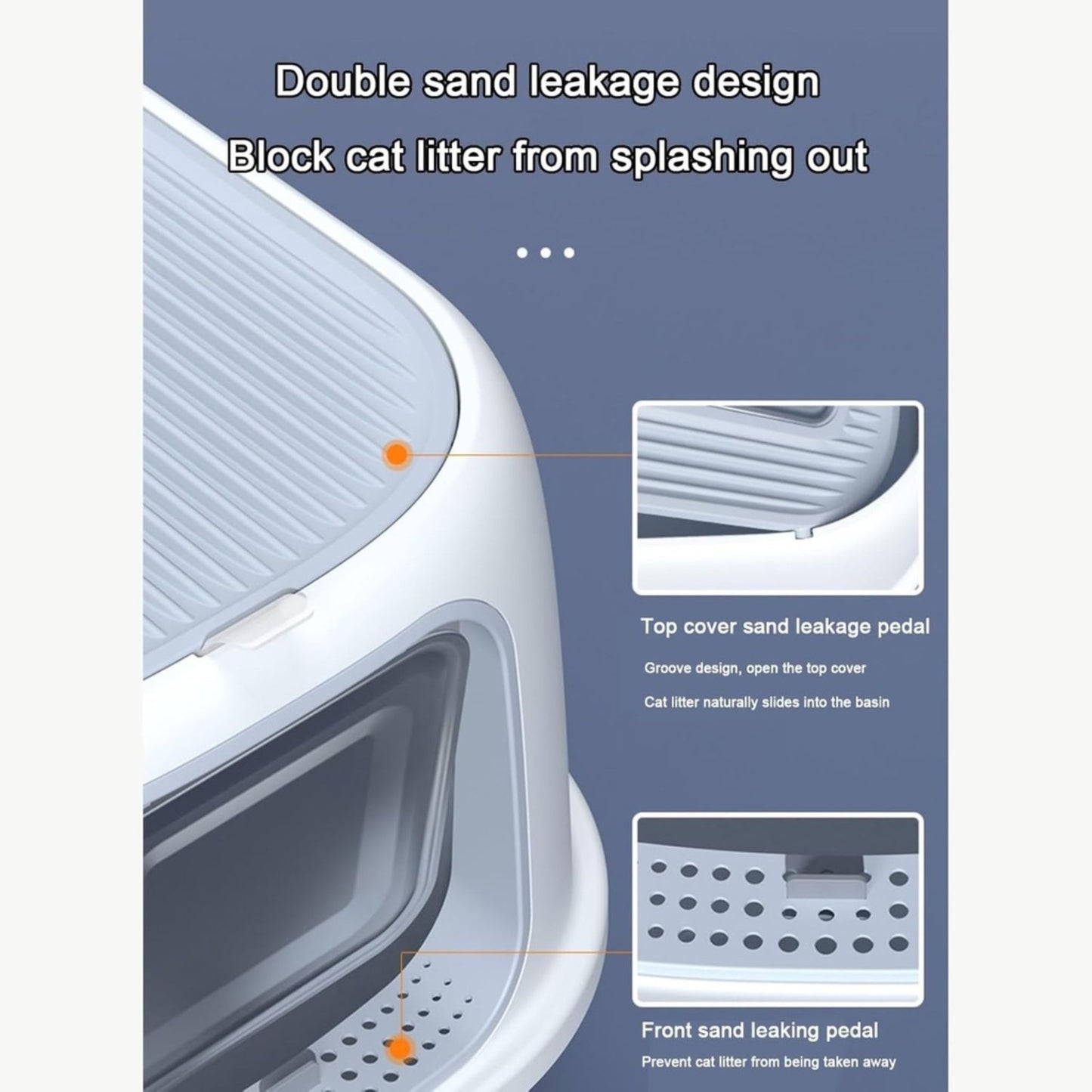 Cat litter box design with double sand leakage system on a blue background