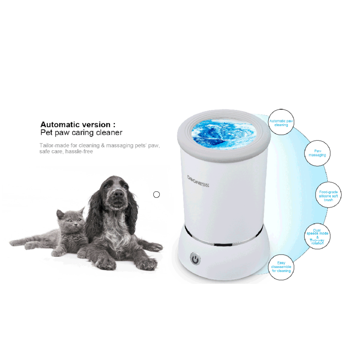 Pet paw cleaning device with a dog and cat on a white background