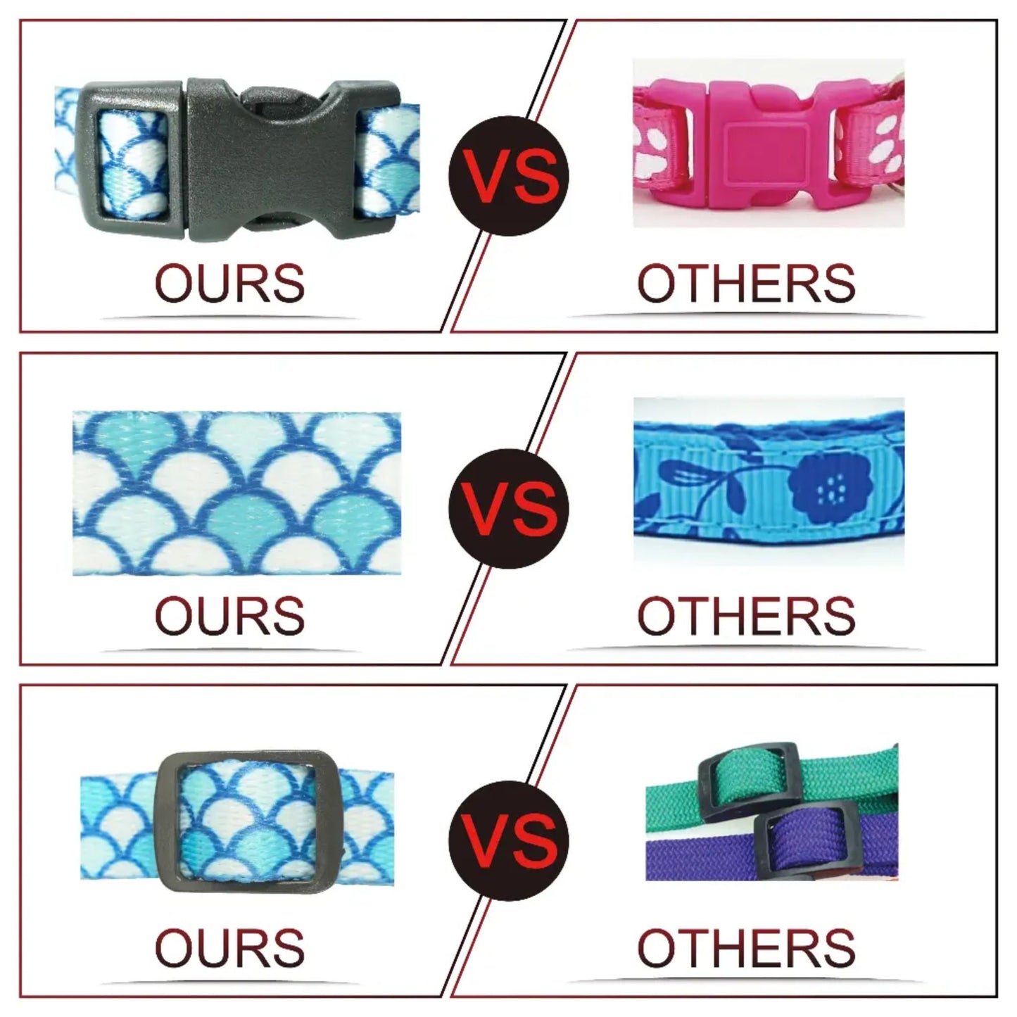 Comparison of blue pet collars labeled 'OURS' versus 'OTHERS' with different designs and colors.