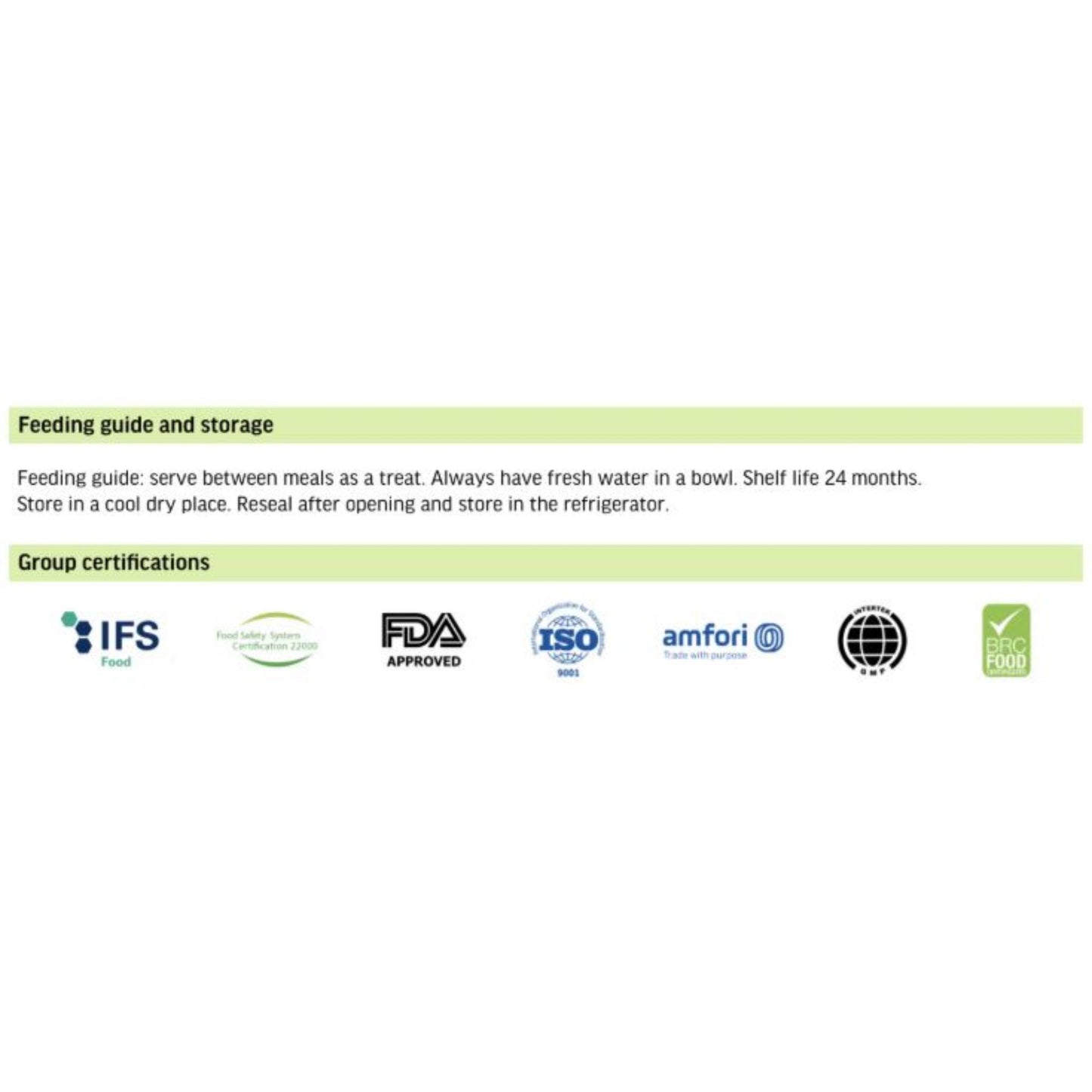 Feeding guide and storage information with certification logos on a white background