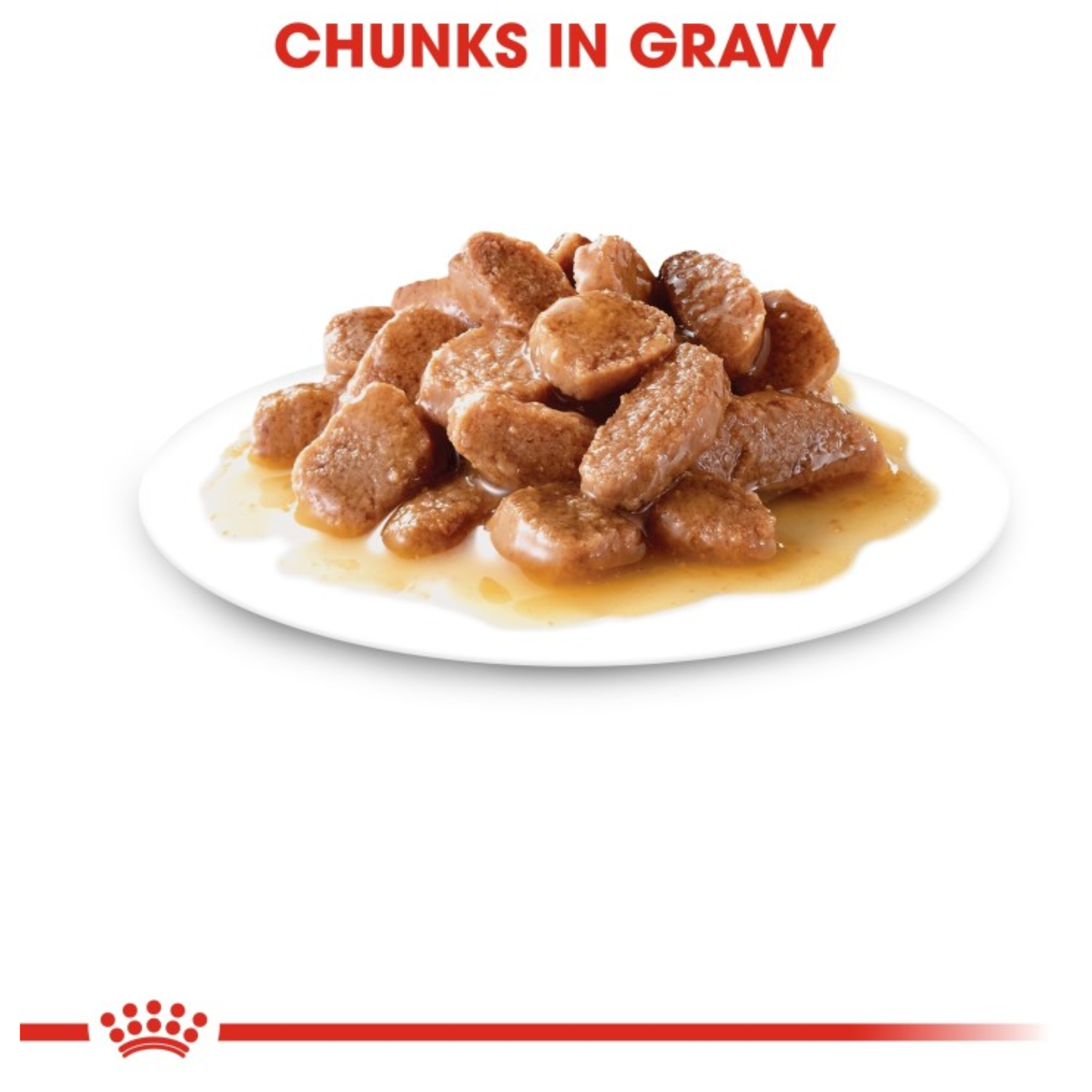 Dog food with chunks in gravy on a white plate, brand logo visible