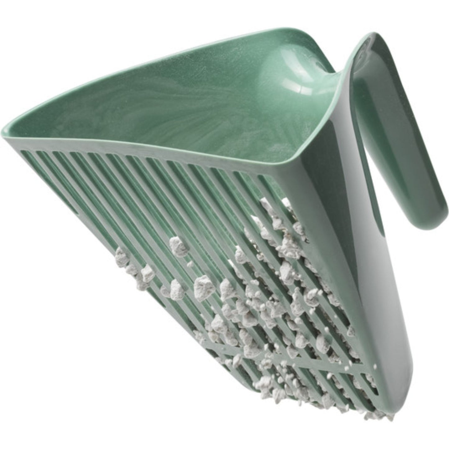 Green plastic scoop with textured surface on a white background