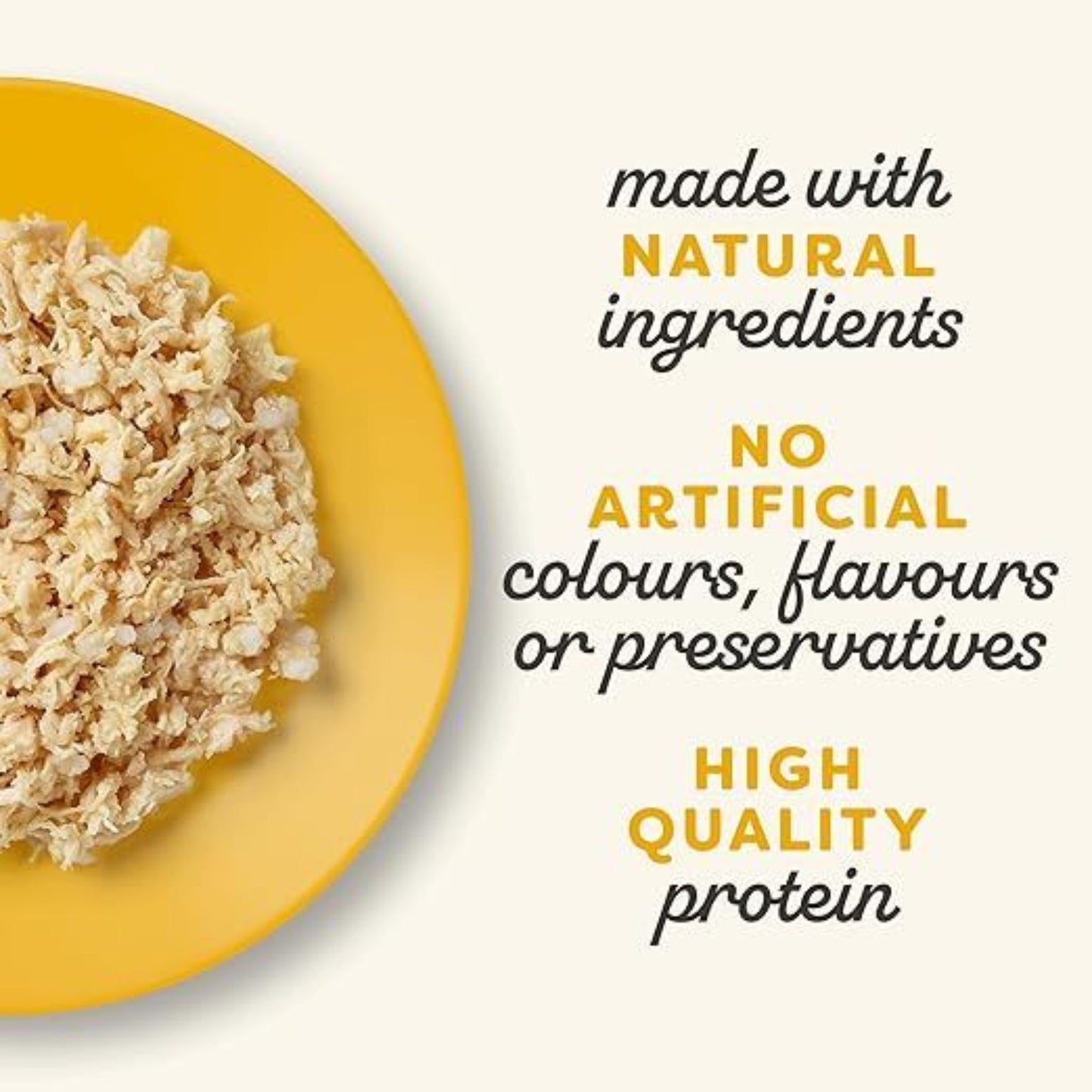 Yellow plate with a scoop of rice cereal and text about natural ingredients and high-quality protein.