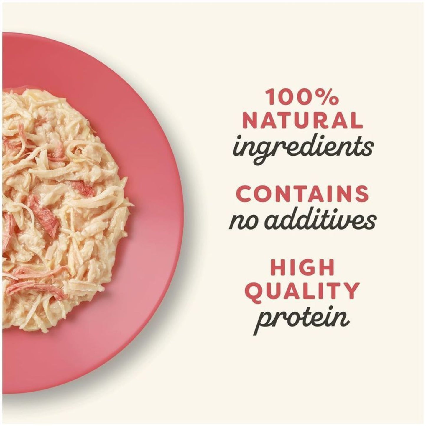 Pink plate with pasta and text highlighting natural ingredients and quality on a white background