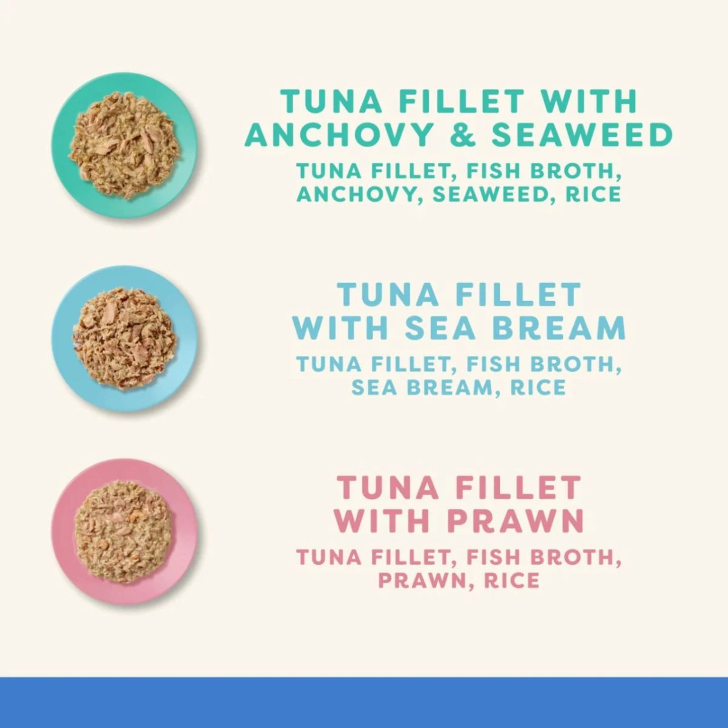 Three plates of tuna fillet with different toppings on a white background