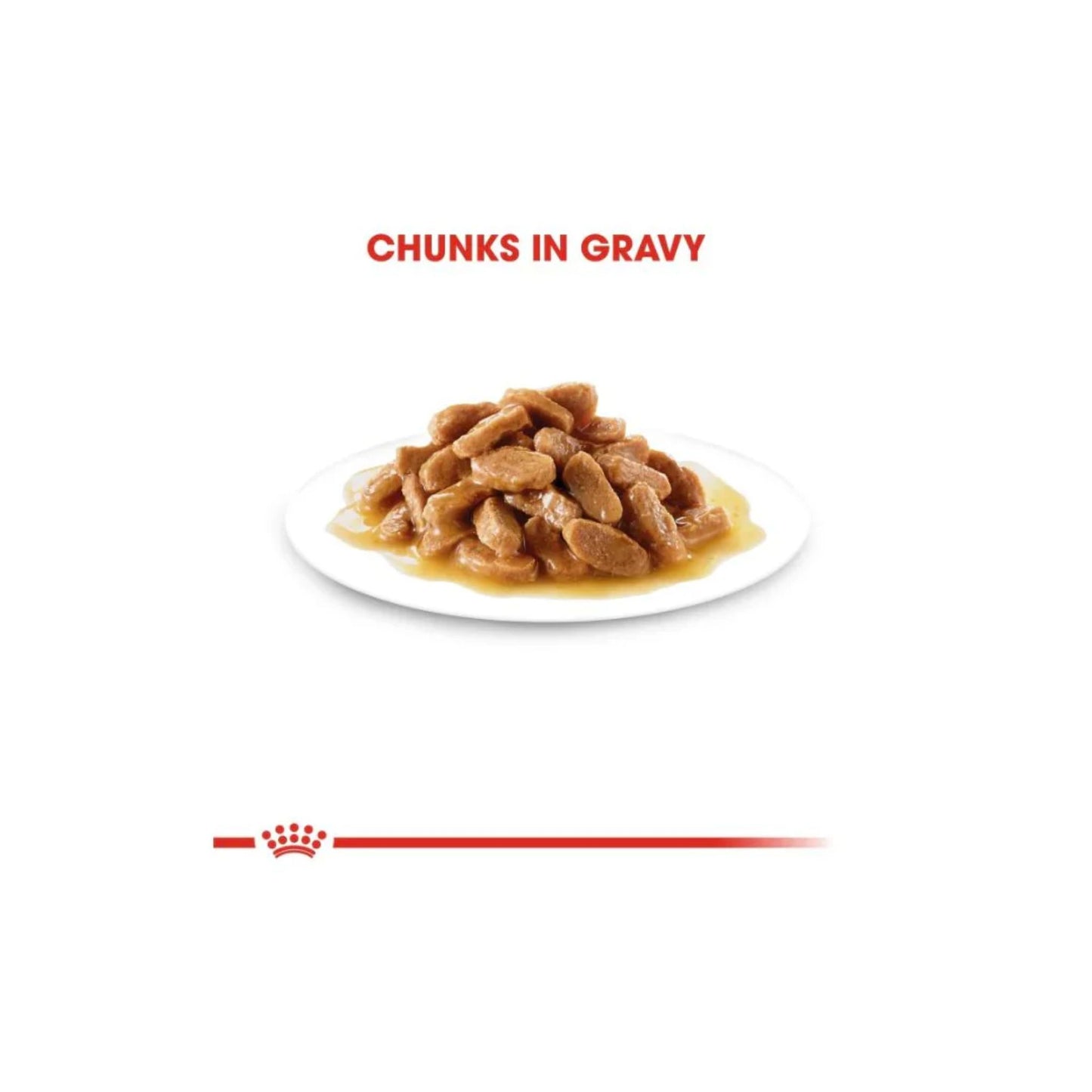 Cat food with chunks in gravy on a white plate, branded with a red logo.