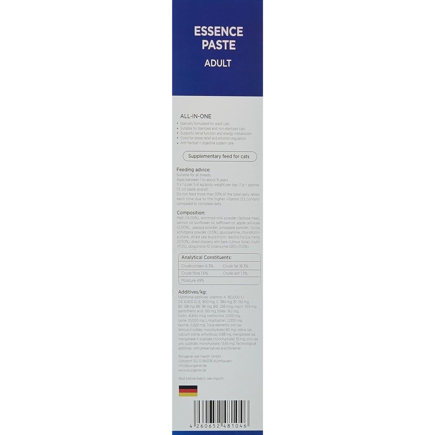 Back label of Essence Paste for adult cats with text and a barcode on a white background.