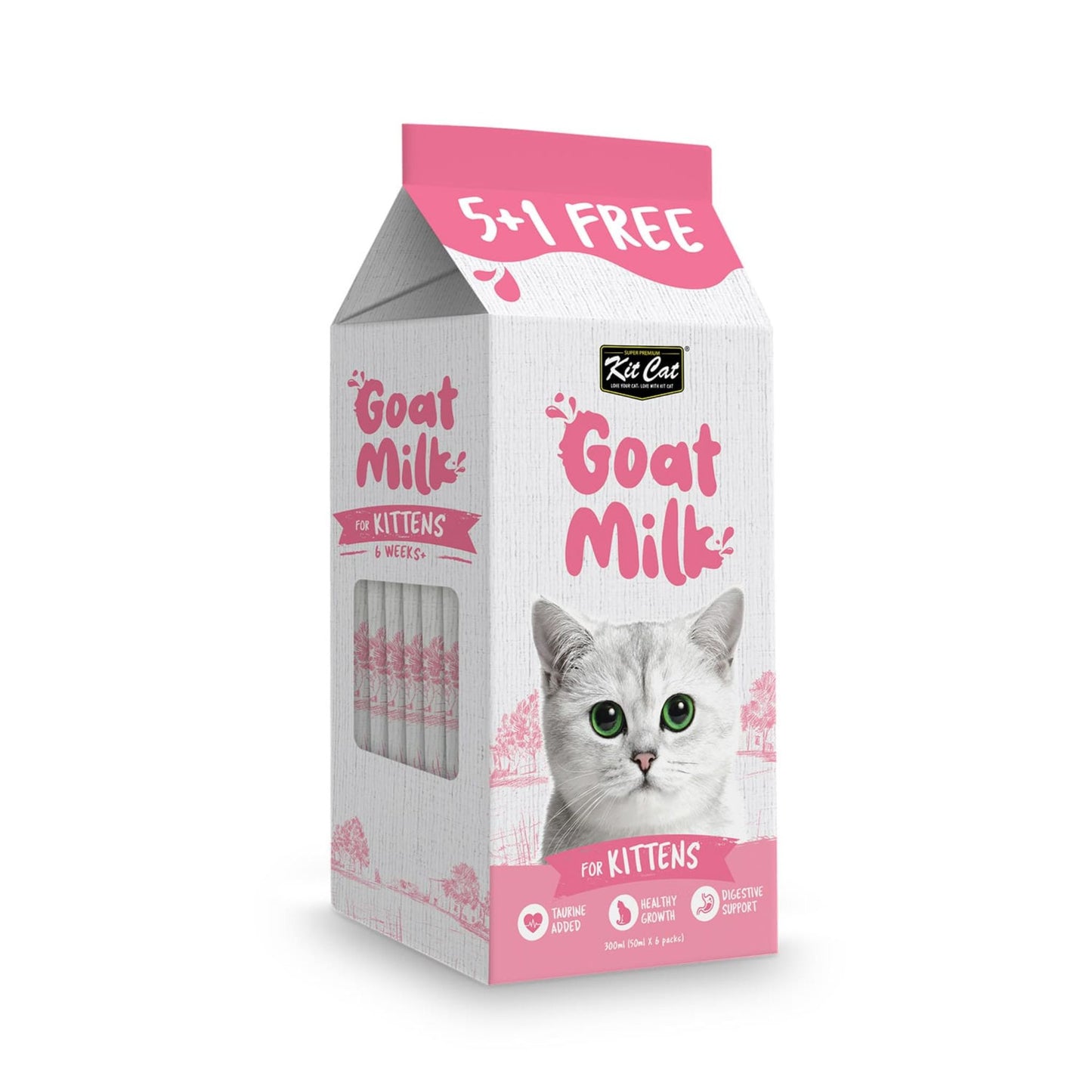Carton of goat milk for kittens with a cat illustration on a white background