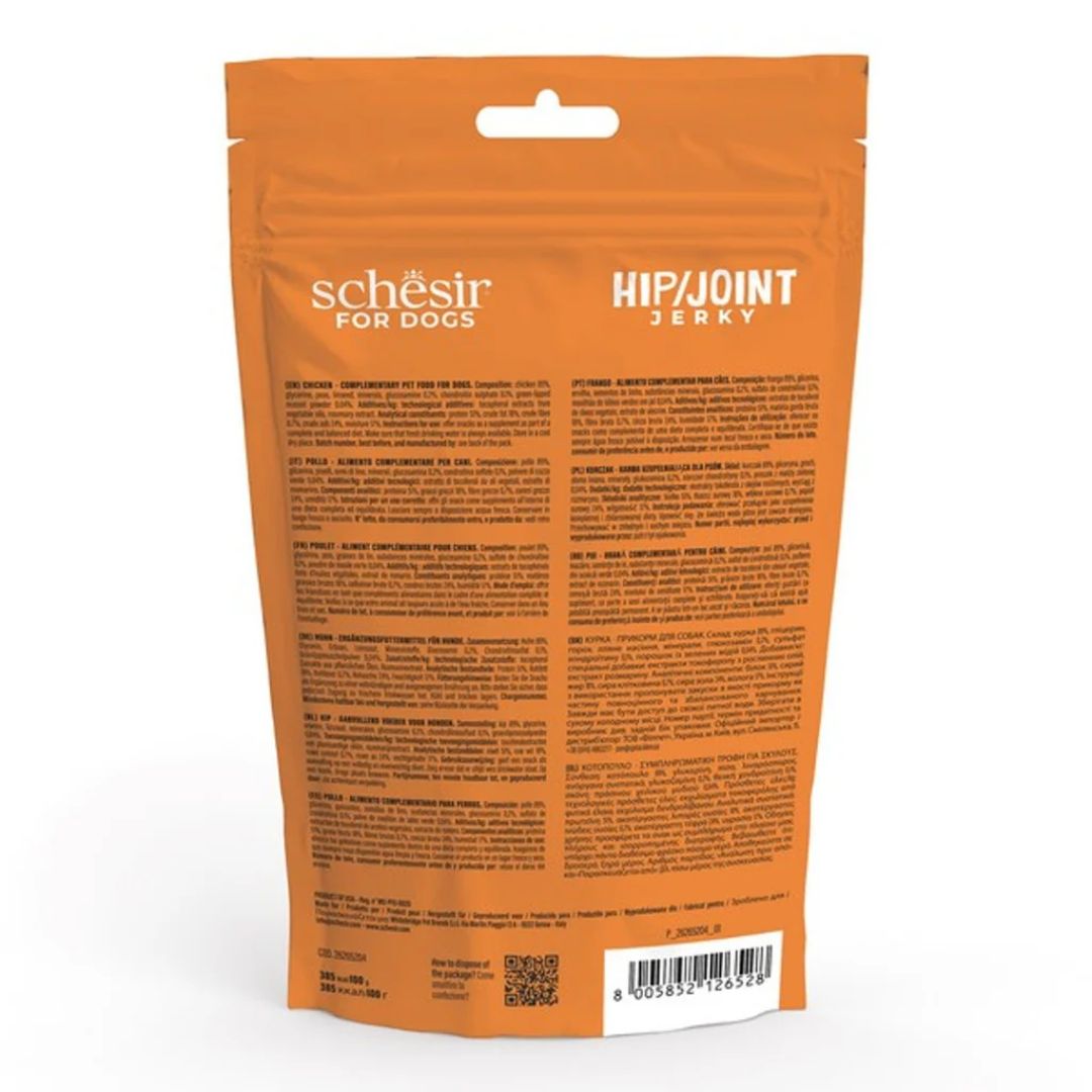 Orange package of Schesir Hip & Joint Jerky for dogs on a white background