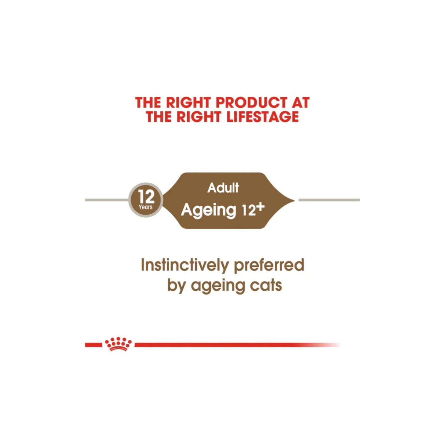 Cat food label for adult and ageing cats with text on a white background