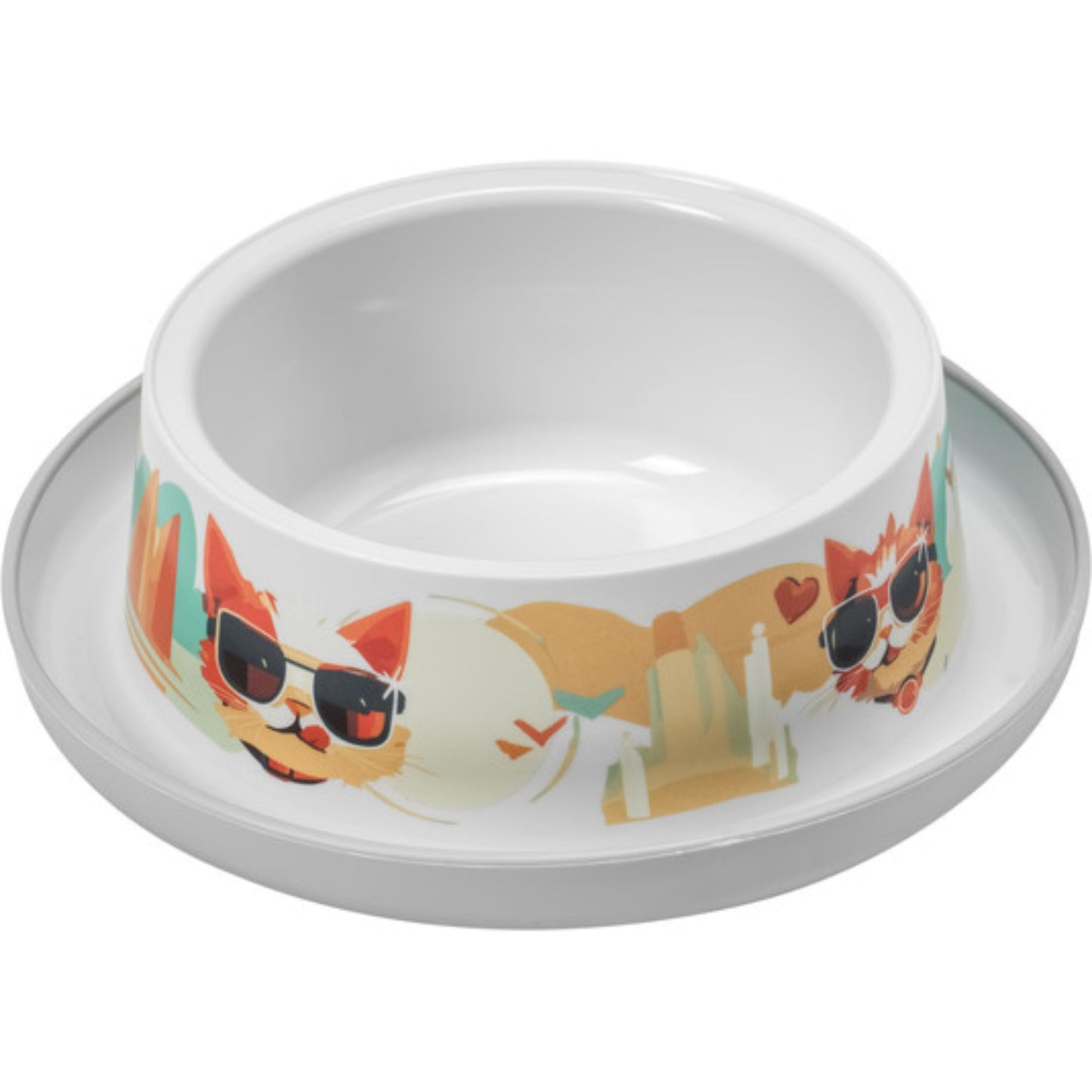 Cat-themed ceramic bowl with a white base and colorful cat illustrations on a white background